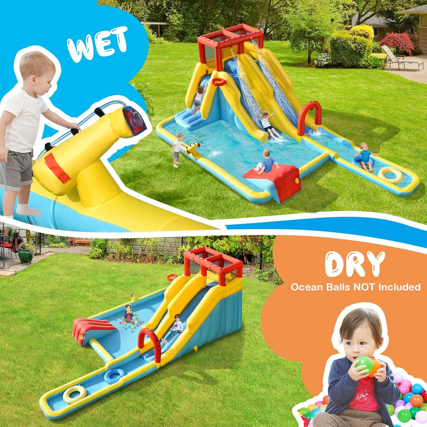 HONEY JOY Inflatable Water Slide, Outdoor Jumping Castle Splash Park with Sprinklers, Water Gun, Climbing Wall, Extra Long Slide & 2 Swimming Rings, Blow-Up Water Park for Yard (Without Blower) image number 5