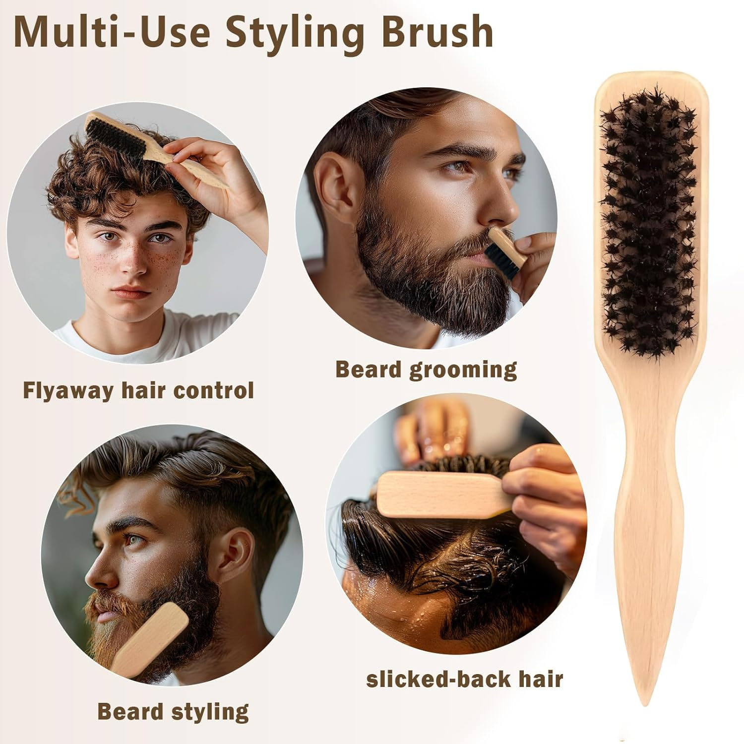 3 Pack Slick Back Hair Brush, Boar Bristle Hair Brush for Men & Women,Anti-Static Wooden Handle,Can Style,Manage,And Flatten Hair/Beard,Ideal for Sleek Styles, Wax Stick Application & Hair Parting image number 1