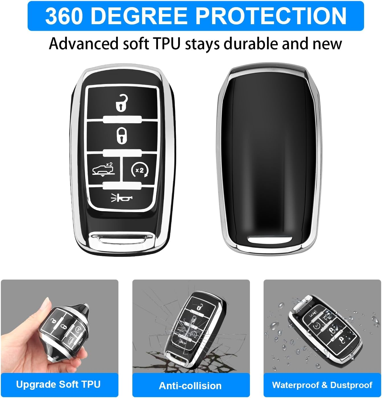 QBUC for Dodge Key Fob Cover, Fits for Dodge RAM 1500 2500 3500 4-5 Buttons 2019 2020 2021 2022 2023 TPU Key Fob Case with Keychain, Smart Remote Accessories Key Fob Protection (Silver-Black) - Gold-Red image number 4