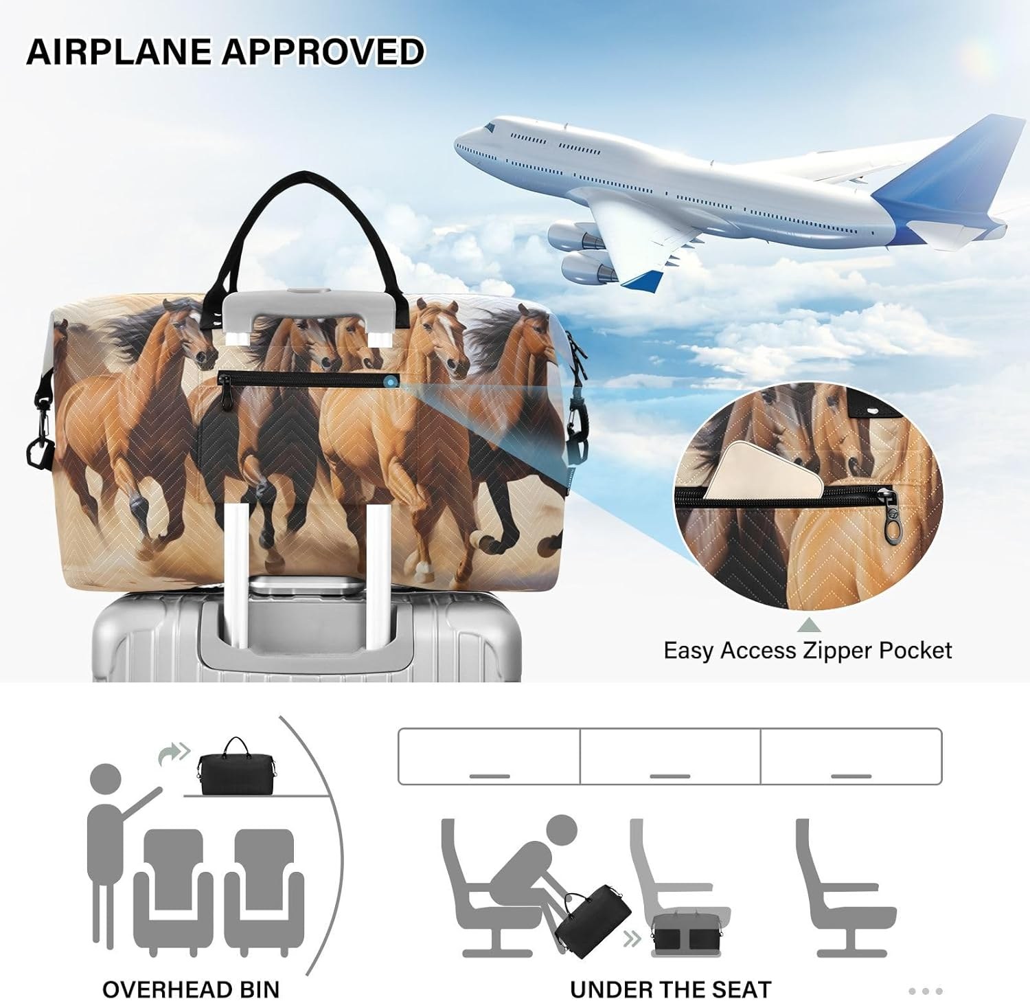 XYMZR Large Travel Duffel Bag, Horse Herd in Desert Sports Tote Gym Bag, Shoulder Weekender Overnight Bag for Women Men, Carry on Luggage with Toiletry Bags, Multi-Colored, Multi-Colored image number 5