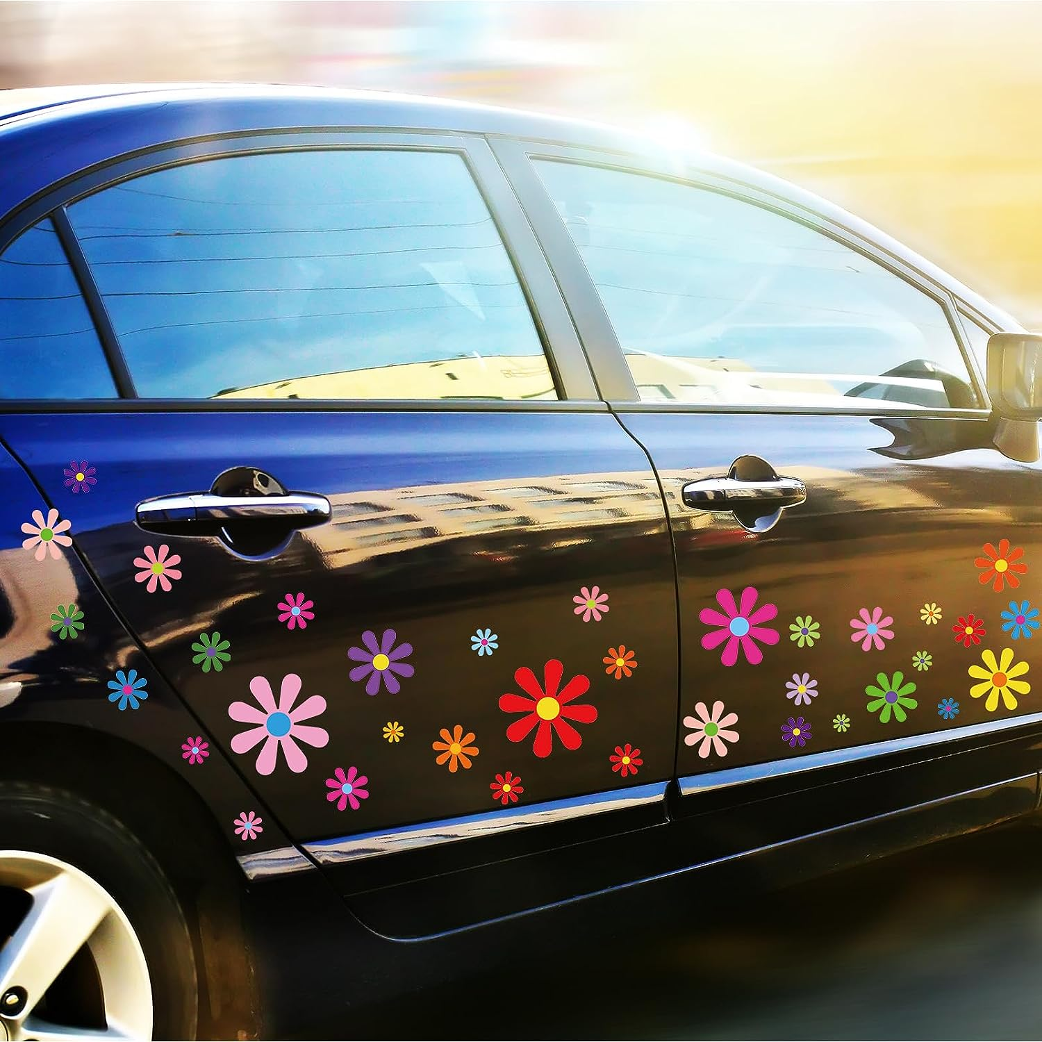 Fuutreo 12 Sheets Daisy Stickers 133 Pieces Flower Decals Vinyl Self Adhesive for Car Mirror Window Clings Laptop Decoration, Assorted Sizes (Multicolor) (Fuutreo-Daisy Car-03)