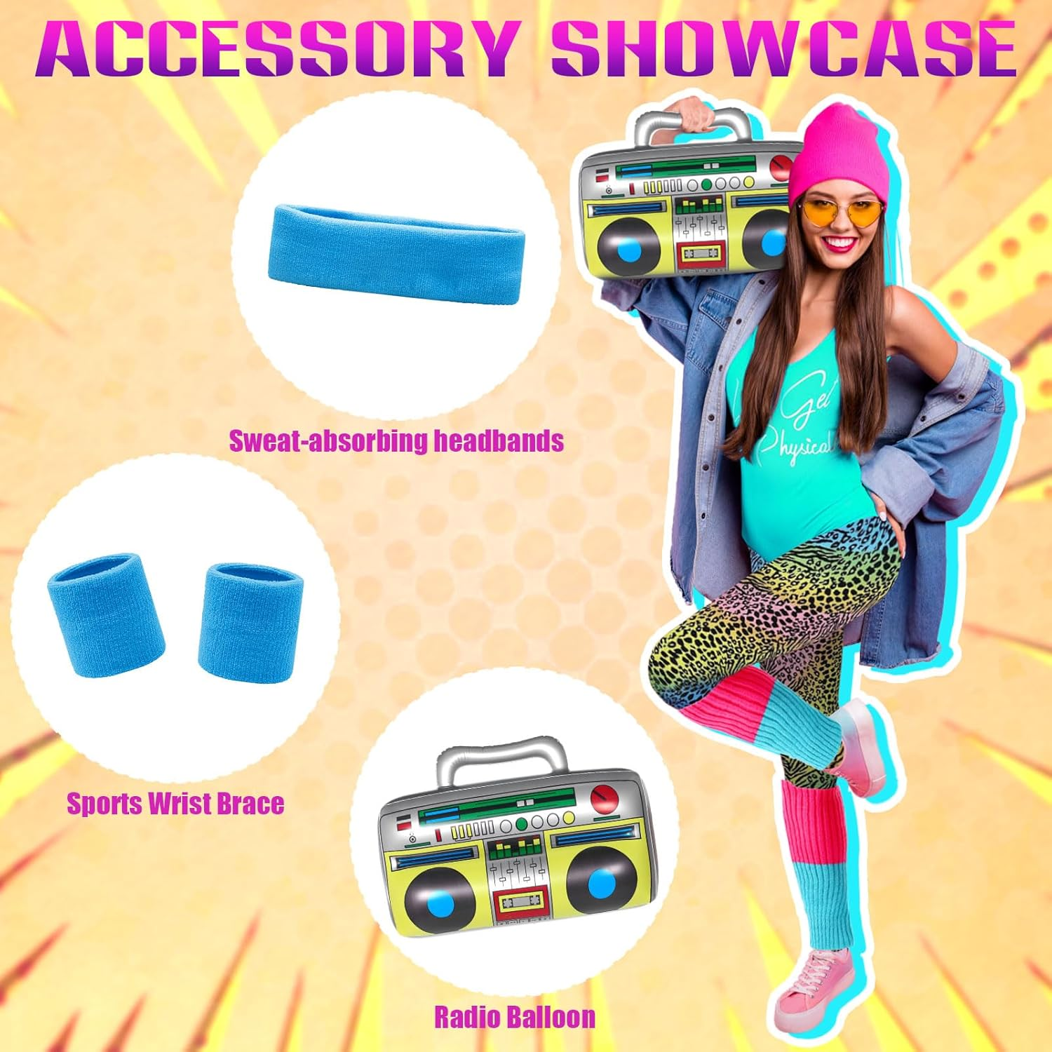 80S Costume Women 80S Workout Costume 70S 90S Retro Tracksuit with Vest Bottoms Leg Warmers Inflatable Radio Wrist Wraps Headband Set for 1980 Retro Parties Hen Do Parties Ladies image number 3
