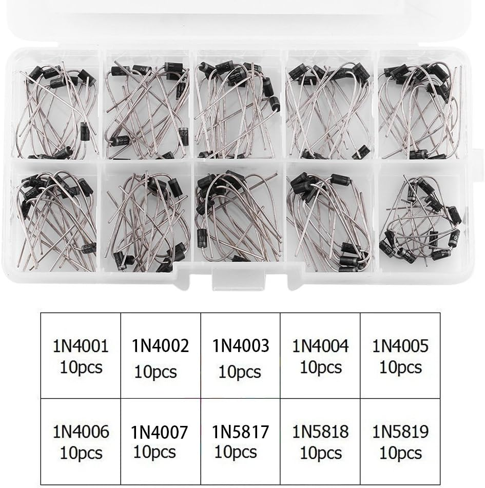 Fafeims 10-Value Rectifier and Schottky Diodes Assortment Kit 1N4001-1N4007 1N5817-1N5819 Low Leakage 100Pcs for Electronics Hobbyists image number 6