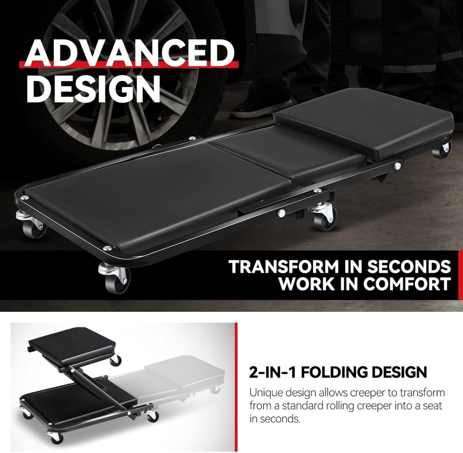 Mechanic Creeper, 36" Z-Creeper Seat, 2-In-1 Garage/Shop Creeper, 180 KG Capacity, Low Profile Creeper with 6 Wheels for Garage, Shop, Auto Repair, Lay down or Sit,91Cm Long image number 3