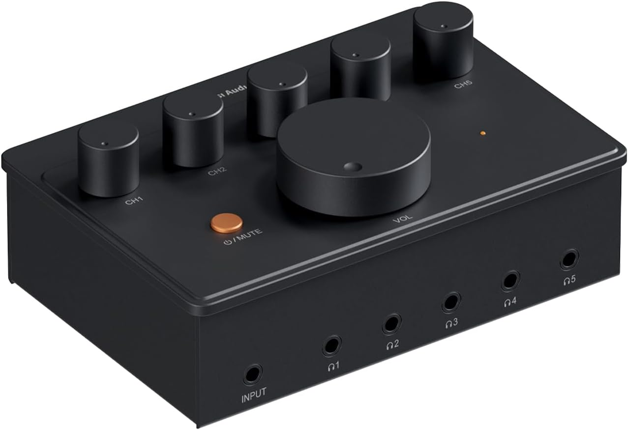 Fosi Audio PH05 5-Channel Headphone Splitter Amplifier, Mini Headphones Amp for Music Studio Mixer, Audio Sharing, Podcast Monitor, Supports 16-300 Ohm High Impedance IEM with 12V Power Adapter image number 5