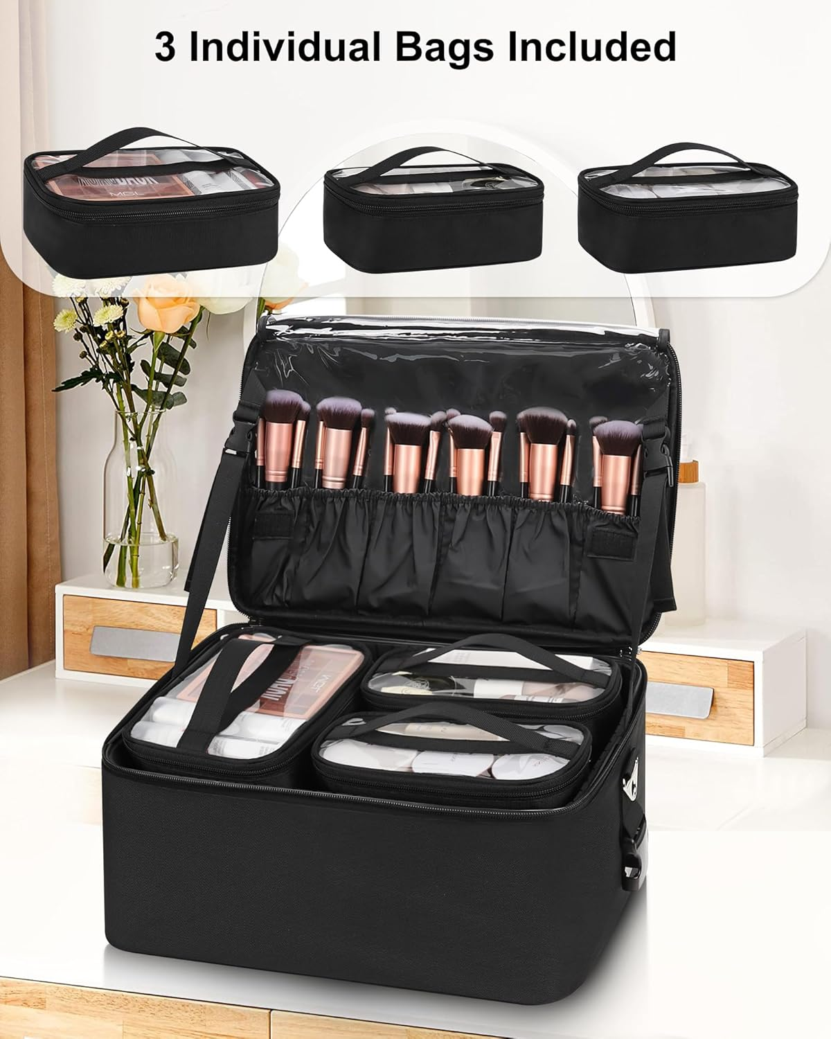 Makeup Bag Large Makeup Case Professional Cosmetic Storage Organizer Box Brush Holder with 3 Clear Set Bags & Lipstick Plate for Makeup Artists with Shoulder Strap & Adjustable Dividers (Black, Large) image number 3