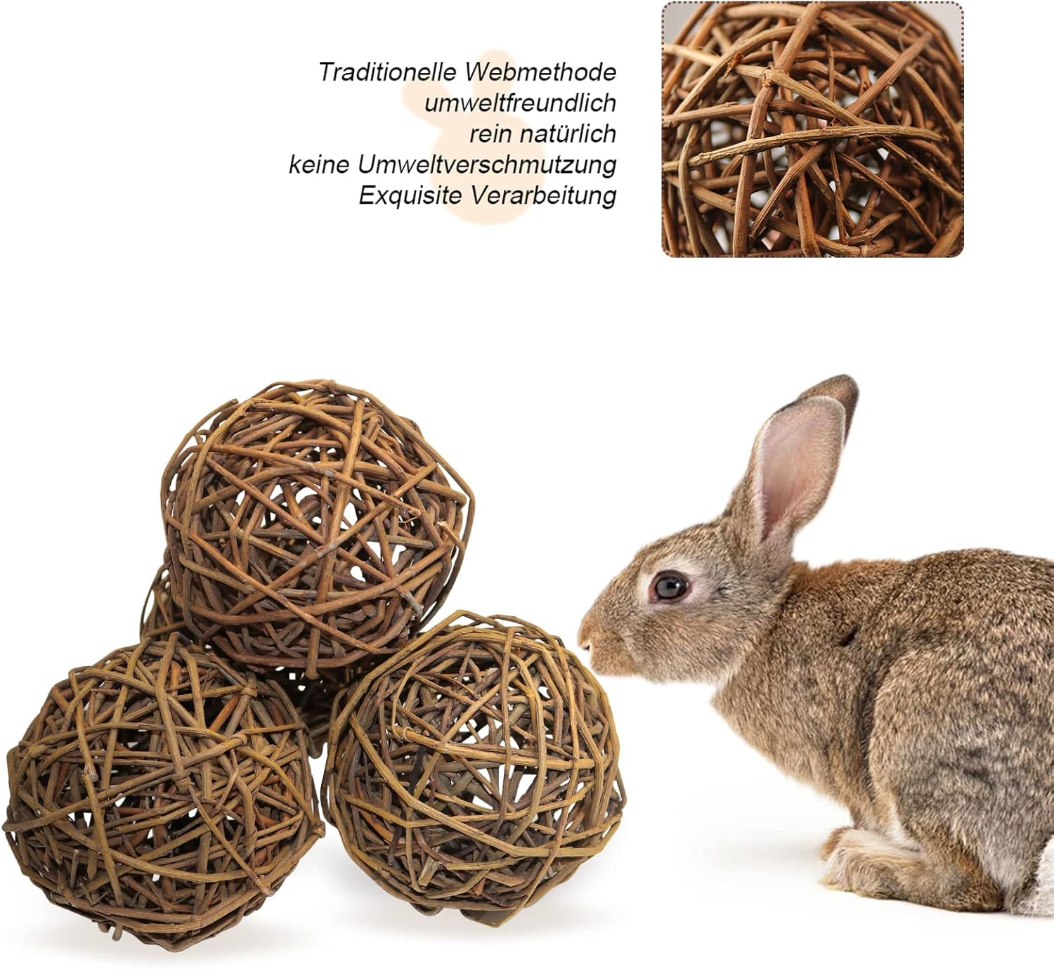 Pack of 4 Natural Willow Ball Toys, Guinea Pig Toy, Bird Chew Toy, Rabbit Accessories, Small Animal Toy Ball for Rabbits, Guinea Pigs, Chinchillas Budgie Bird (10 Cm) image number 3