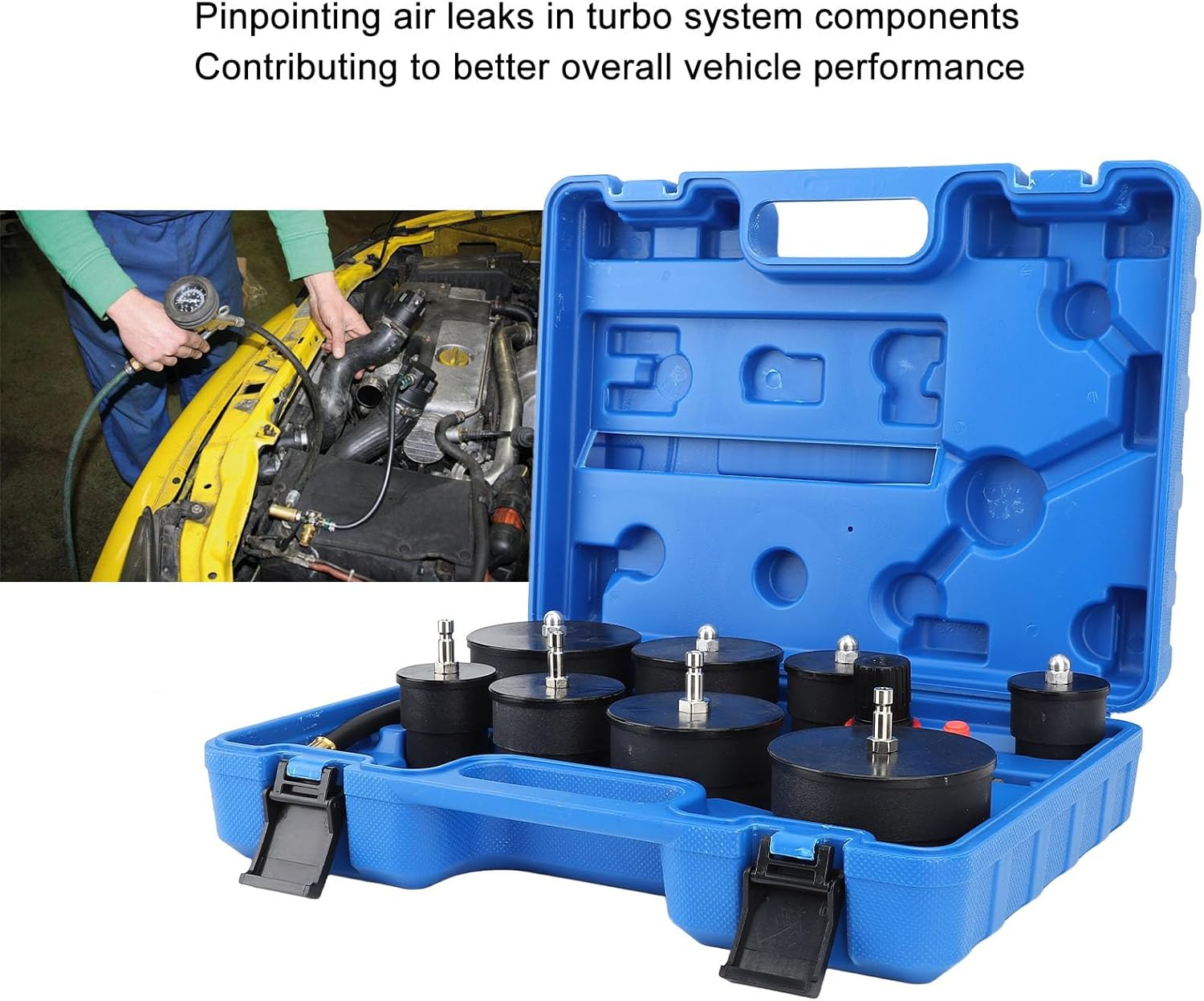 Turbo System Leakage Tester, 9 Pcs Metal Automotive Turbocharger Turbo Boost Leak Tester with 35Mm to 90Mm Adapter, Regulator, Universal Auto Pressure Tester Leak Detector image number 5