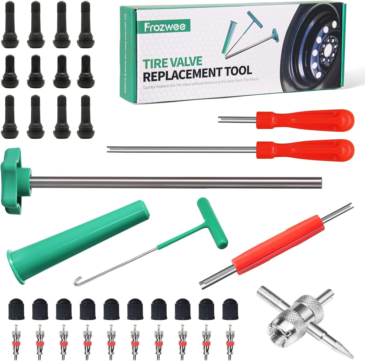 Tire Valve Stem Core Quickly Replacement Tool Kit,Perfect Tool for Replacing Leaky Valves in Cars,Trucks,Motorcycles, Etc.With 4PCS TR413 Valve Stems image number 1