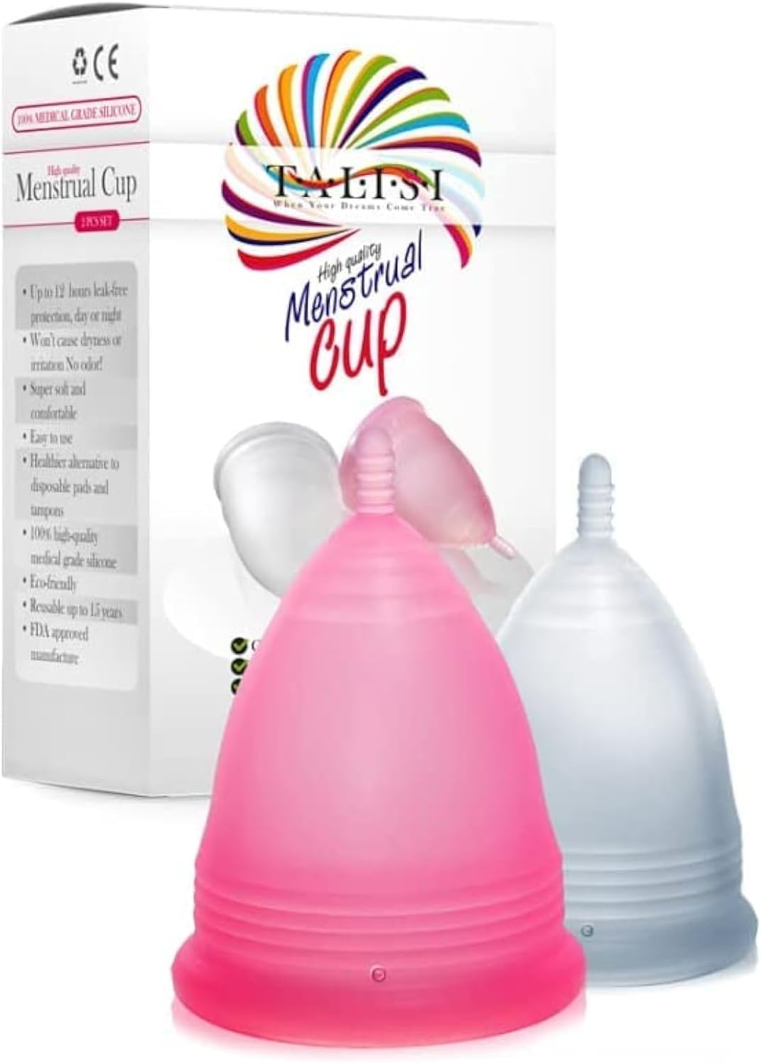 Talisi Menstrual Cups Set of 2 Period Cup Reusable Small Large Sizes Silicone Soft Cups Regular and Heavy Flow Feminine Hygiene Products Tampon and Pad Alternative Protection Copa Menstrual Organic
