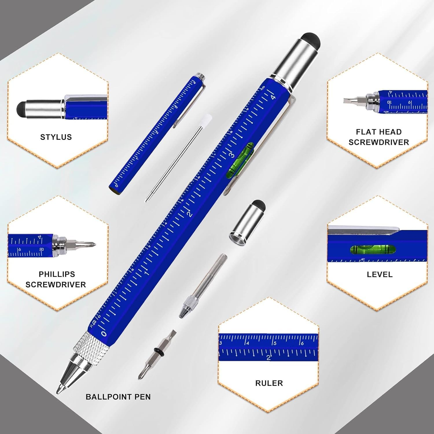 Gifts for Men, 6 in 1 Multitool Pen Set - Touchscreen Stylus, Ruler, Level, Screwdriver Set, Ballpoint Pen - Birthday Gifts for Him, Dad, Husband, Grandpa, Teacher Gifts (Blue) image number 1