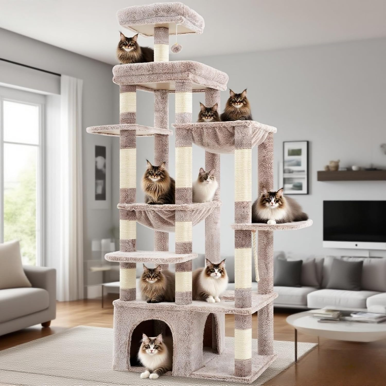 Heybly Cat Tree, 180Cm Tall Cat Tower for Large Maine Coon Cats with Extra-Large Baseboard, Cat Condo Furniture with Multi-Level Platforms, 2 Hammocks and 12 Scratching Posts, Light Gray HCT037W