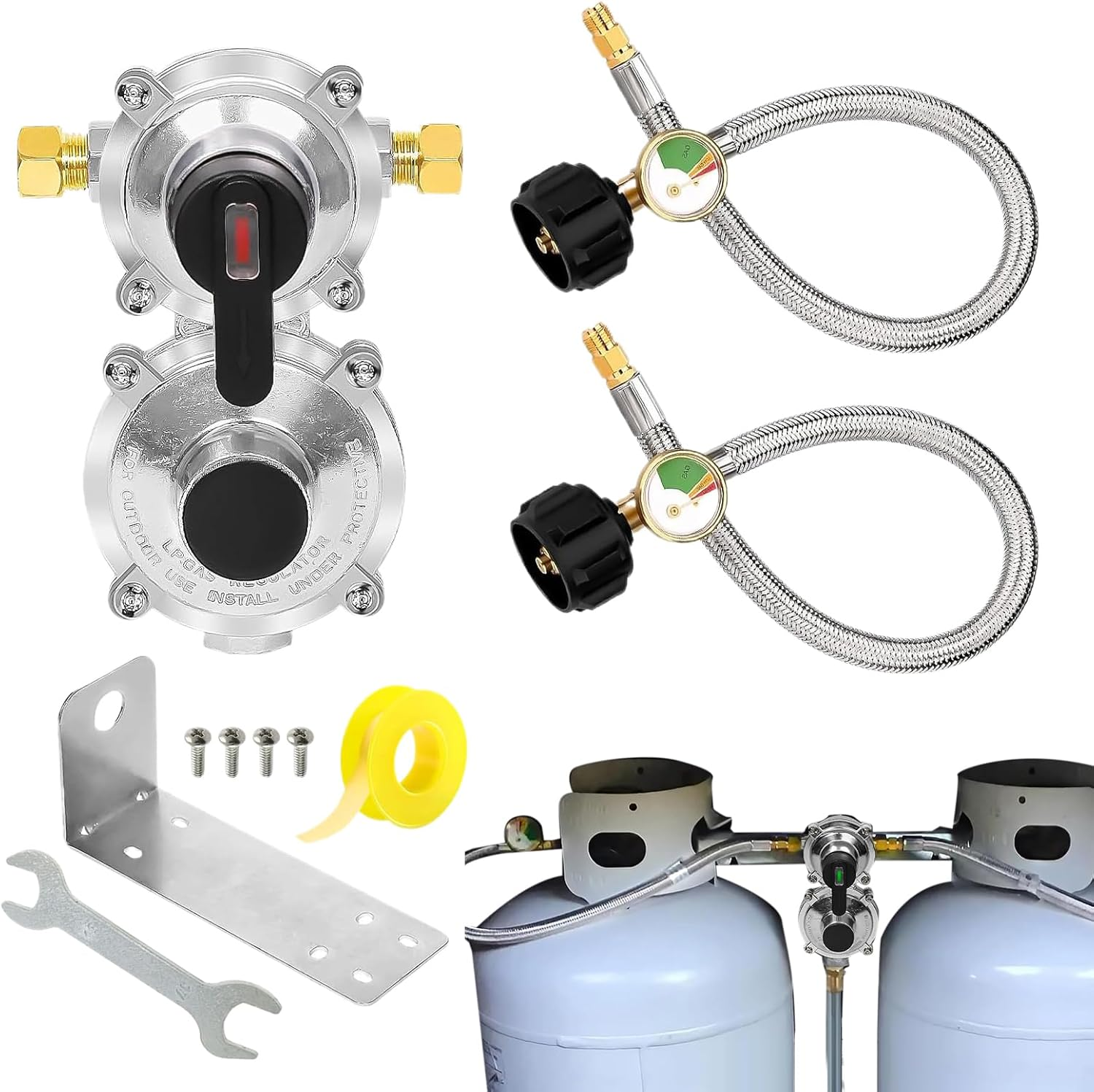 Camping Car Regulator - Gas Regulator with 46 Cm Hose | Automatic Switching System with Pressure Gauge, Two Fixed Spare Parts for Caravan, Outdoor Grill image number 5