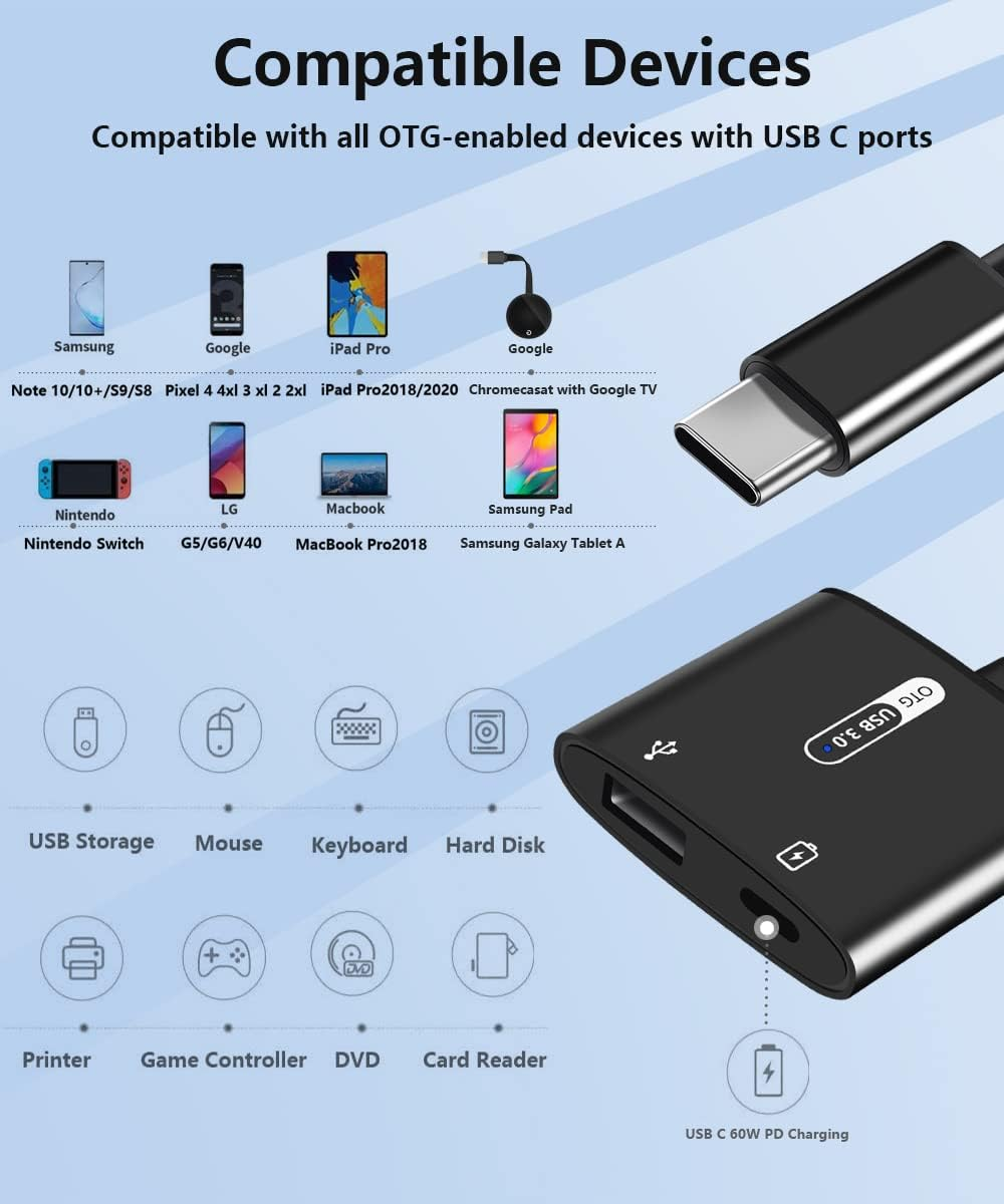 Azddur USB C OTG Adapter with Power, 2 in 1 USB C to USB with 60W PD Charging, Compatible with Ipad Pro, Dell XPS, Galaxy S21/S20+/Note10, Google Pixel 5/4XL, Chromecast with Google TV image number 4
