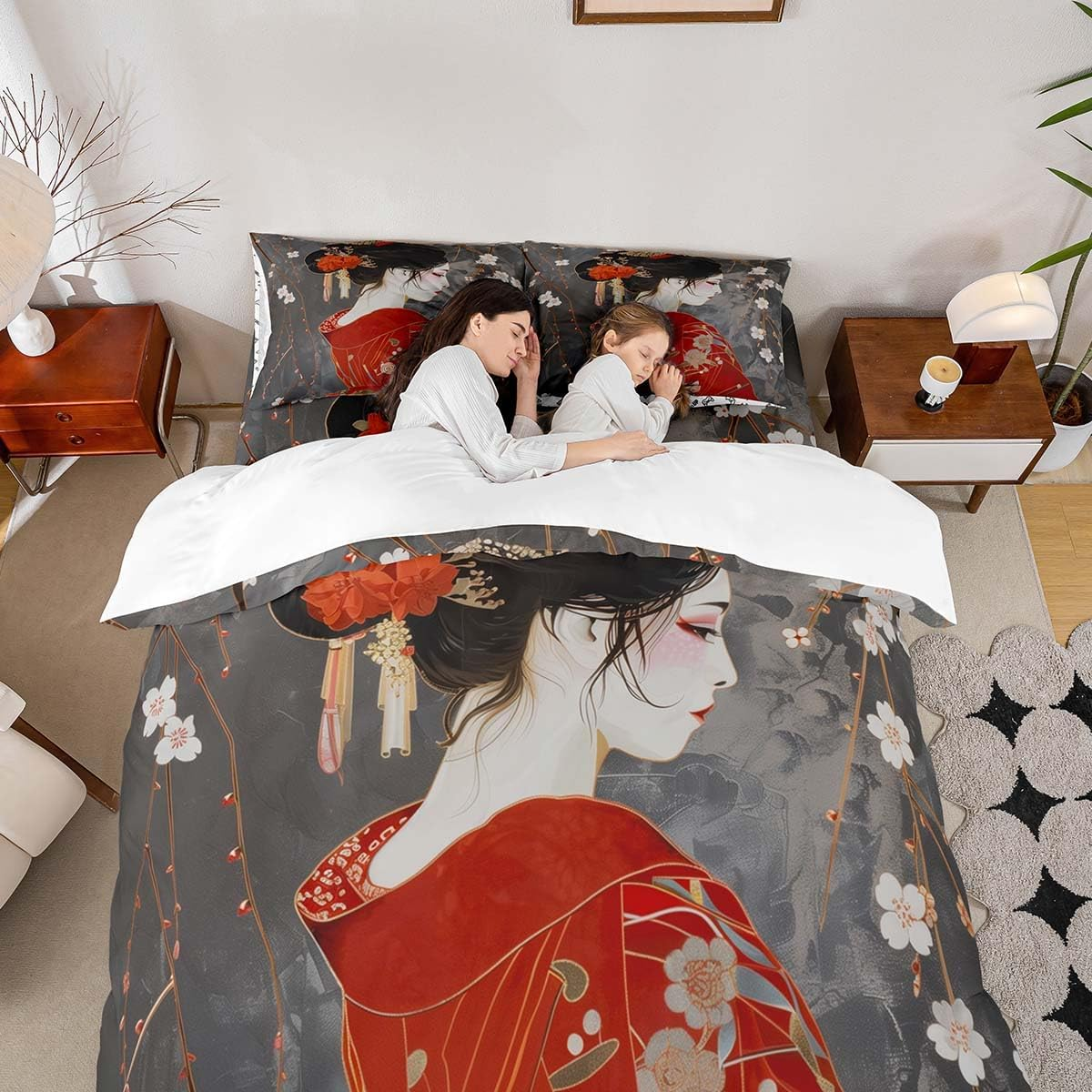 Homemissing Kids Japan Geisha Bedding Set Single Size Boys Girls Cherry Blossoms Comforter Cover Set Japanese Style Duvet Cover Japanese Tradition Aesthetic Bedspread Cover (No Comforter) image number 2