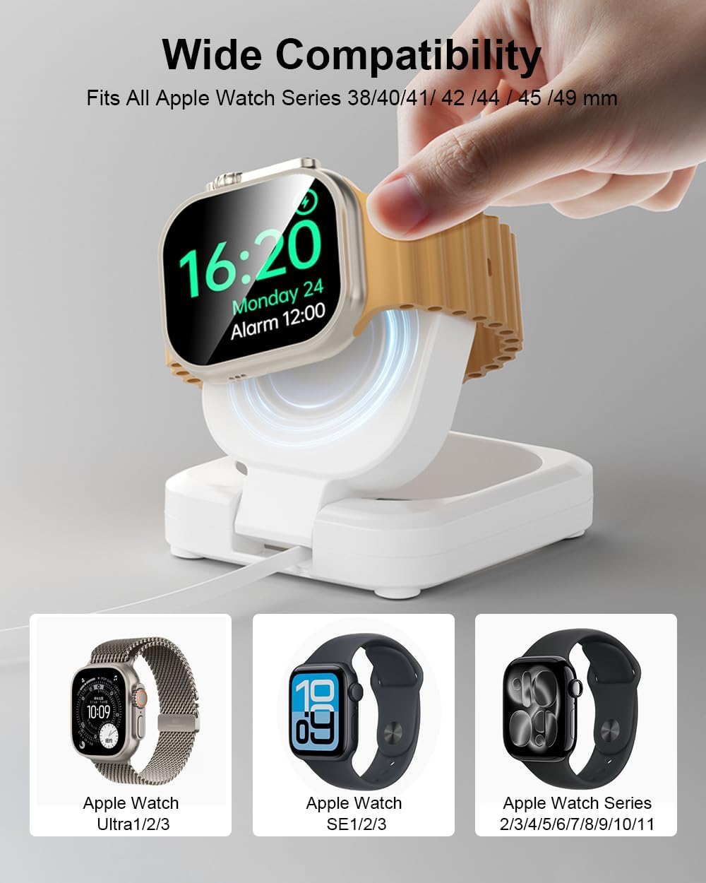 For Apple Watch Magnetic Charging Dock - 5W Wireless Fast Iwatch Charger Stand with USB C Cable, Nightstand Mode, for Apple Watch Ultra 2/10/9/8/7/6/SE/SE2/5/4/3/2, Portable Travel Retractable White image number 6