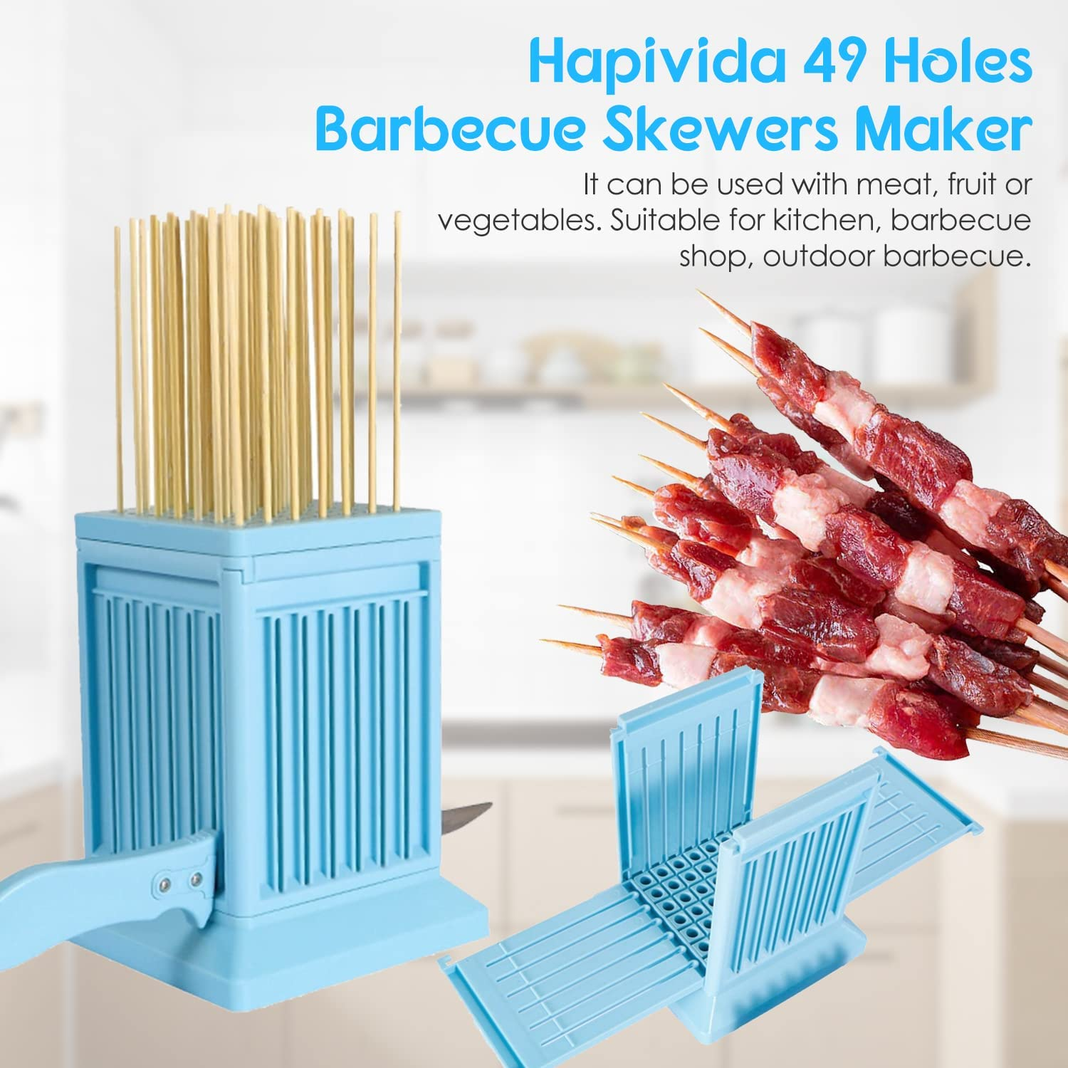 Hapivida 49 Holes Barbecue Skewers Maker, Kebab Making Box Grill Meat Slicers BBQ Skewer Tool, Brochette Maker Kit for Kitchen Outdoor Blue image number 2