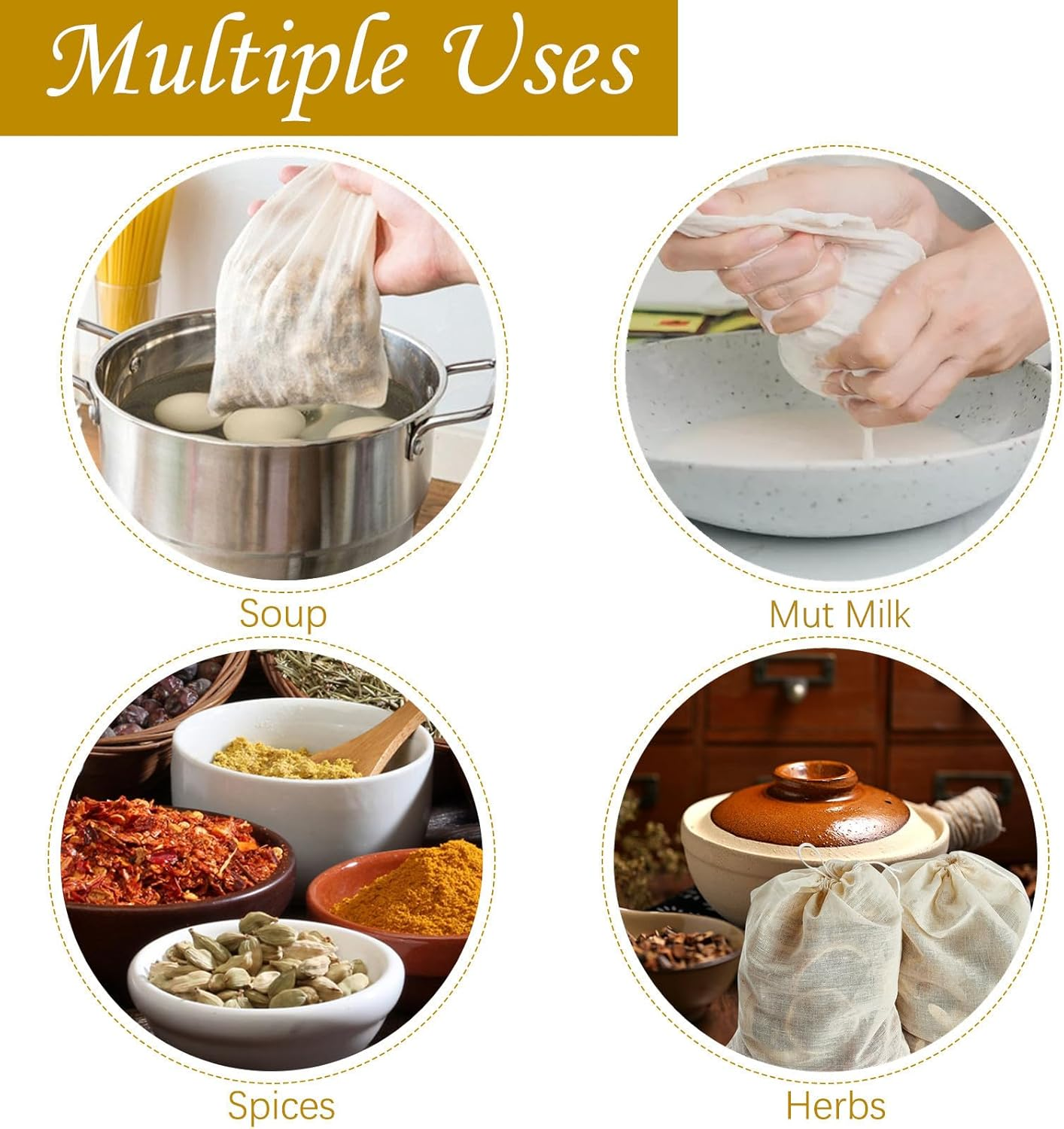 TUZAZO 24 Pack Reusable Spice Bags for Cooking, Cheesecloth Bags for Straining, Drawstring Cotton Tea Bags Soup Bags Bone Broth Brew Bags Muslin Bags (6 X 8 Inch) image number 3