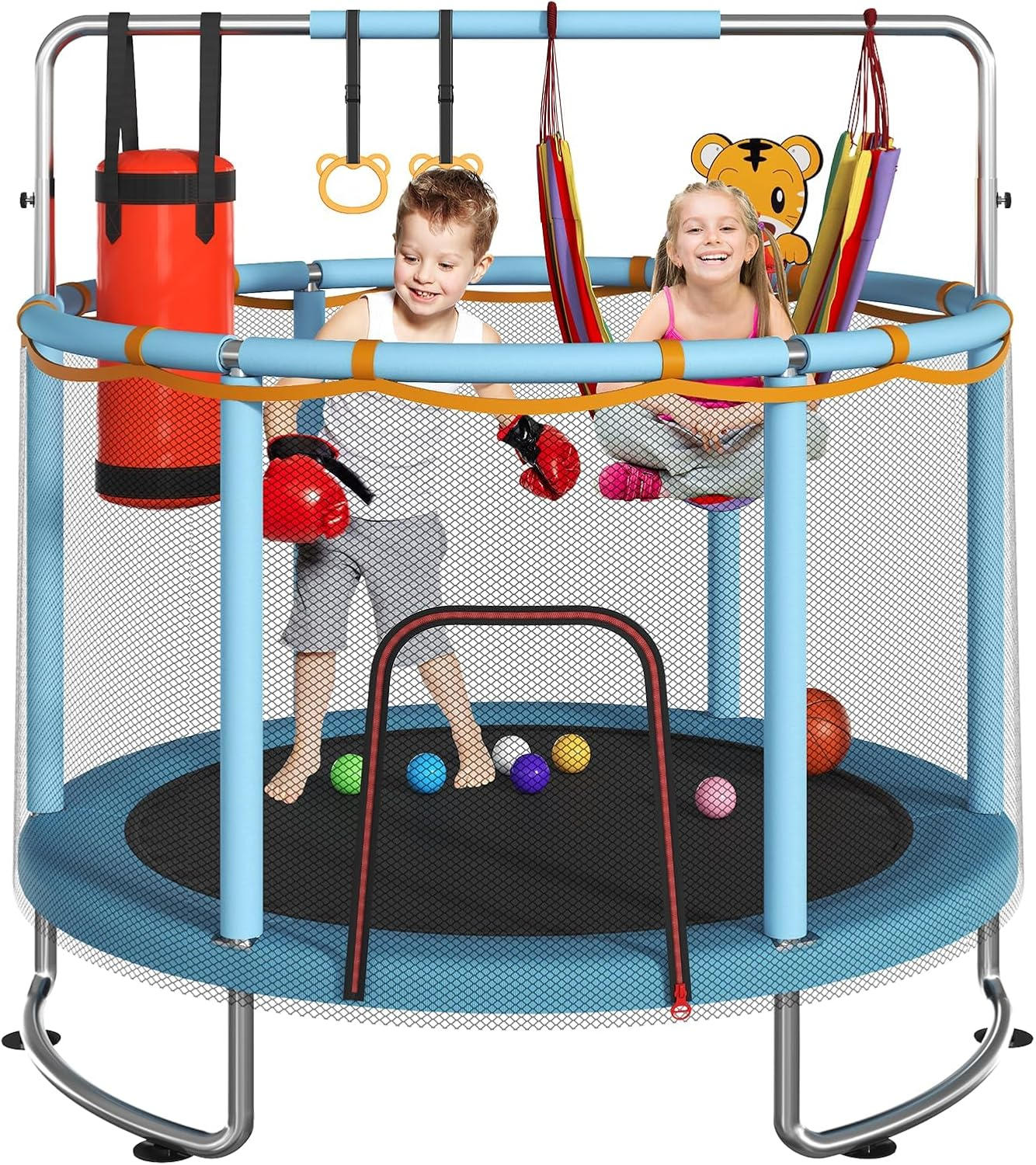 60" Trampoline for Kids with Enclosure, 200Kg Capacity Indoor & Outdoor Toddler Trampoline with Adjustable Gymnastics Bar, Upgraded Ring Legs & Toys, for Boys & Girls