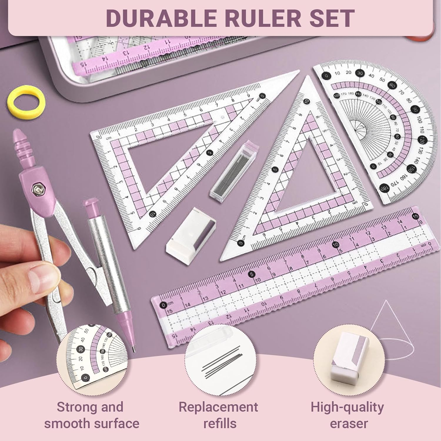 Compass Geometry Tool with Metal Box, 7 Pcs Assorted Math Set with Eraser & Refills, Protractor Ruler Kit for School, Class, Students (Pink) image number 4