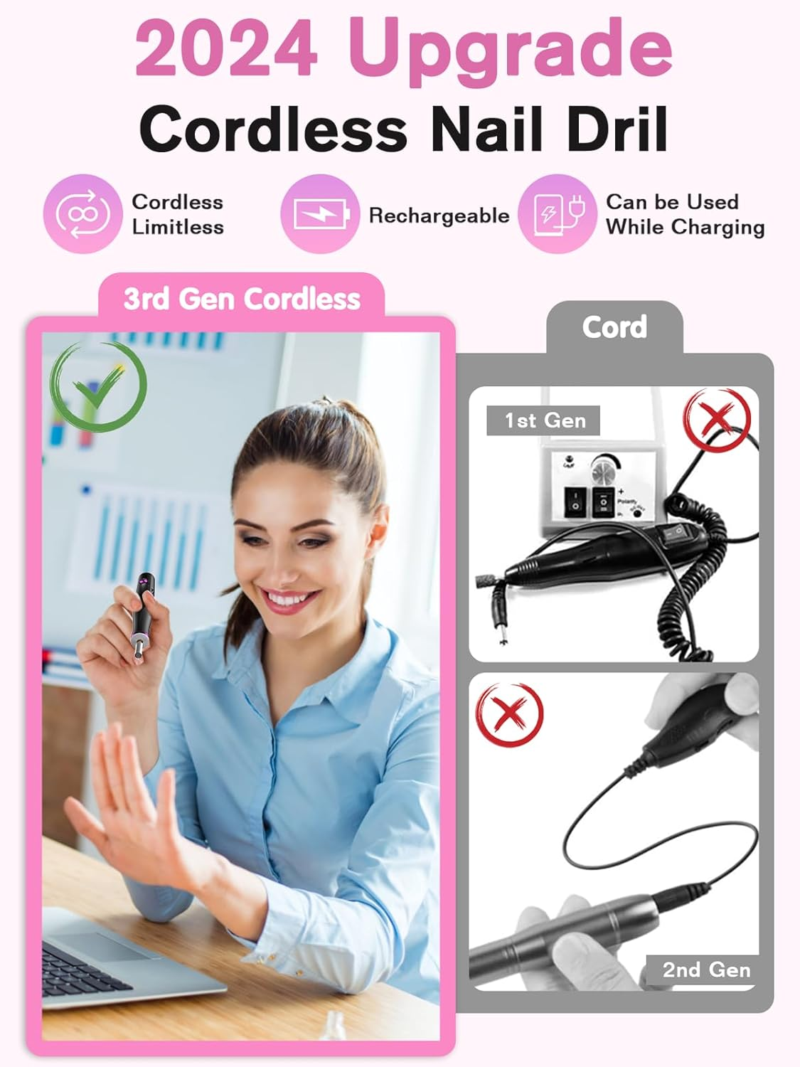 Cordless Nail Drill, Portable Electric Nail File with LED Light for Acrylic Gel Nails, Rechargable 22000RPM Nail Efile Drill Machine Kit with 6 Nail Drill Bits for Home Manicure Pedicure, Gray