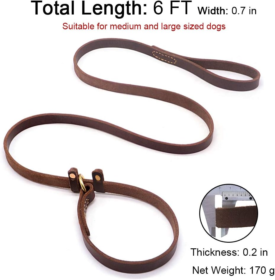 Wellbro Real Leather Slip Lead Dog Leash, Soft Adjustable Pet Slip Leads with Slider, Heavy Duty Flat Dog Training Leash for Medium and Large Dogs, 6Ft Long by 0.7 Inch Wide, Brown image number 2