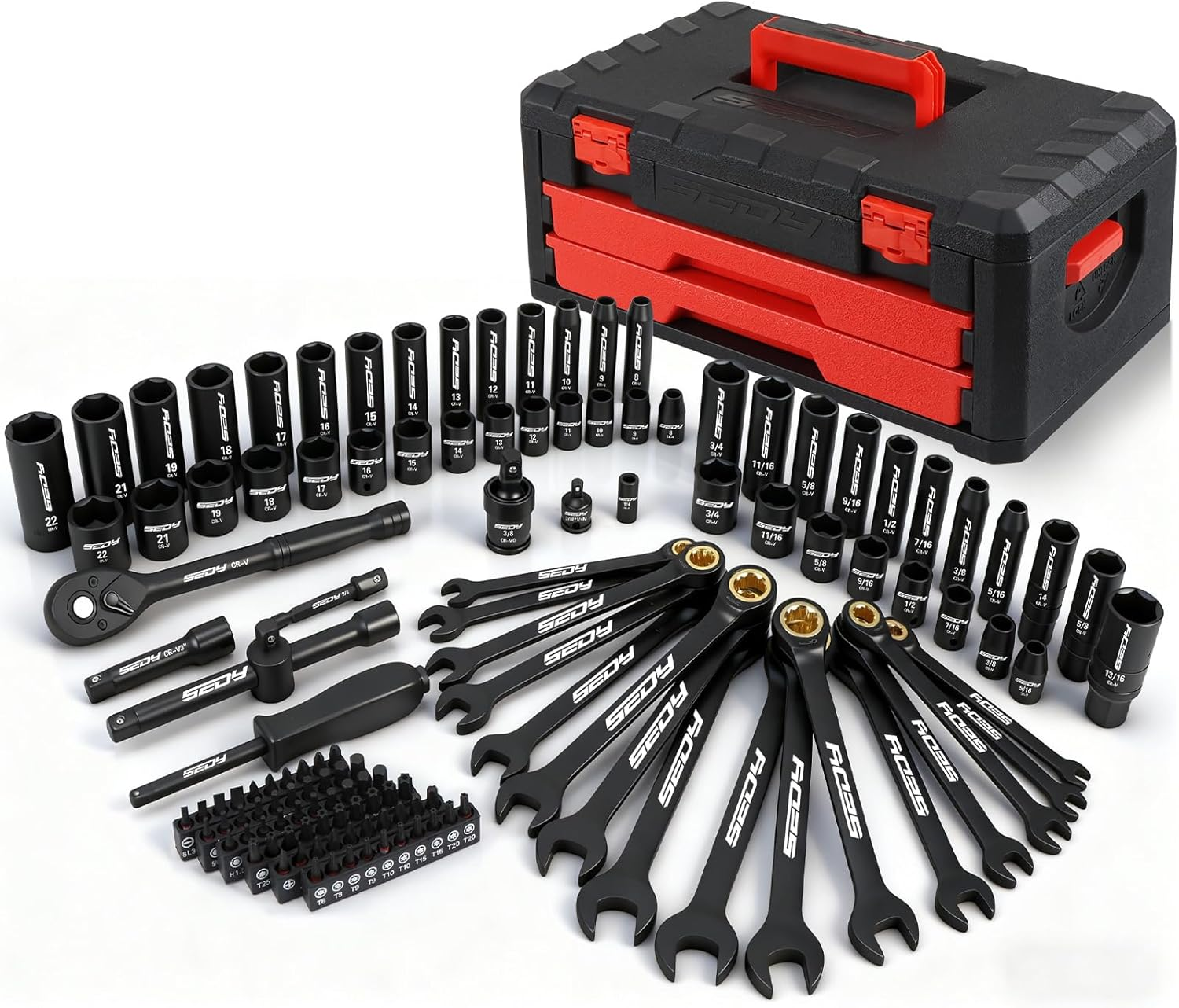 SEDY 132-Piece Mechanics Tool Set, Sae/Metric 1/4" & 3/8" Drive Socket Set, Ratcheting Wrenches, Extensions & Adapters, Quick-Release Ratchet, Professional Auto Repair Tool Kit with Storage Case image number 2