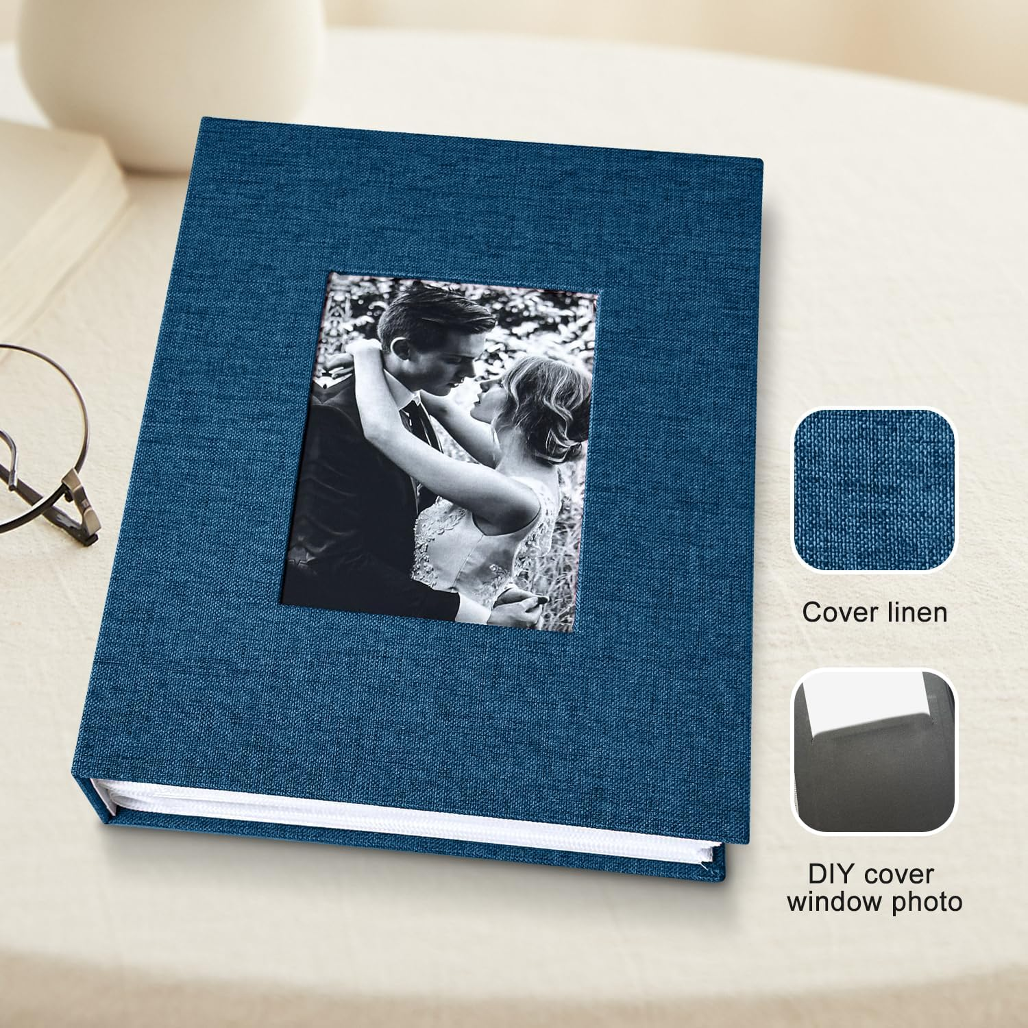 200-Pocket Photo Album 4X6 - Slip-In Picture Album with Linen Cover & Display Window, Vertical Photo Book for Wedding, Family, Baby, Anniversary & Vacation Memories (Holds 200 Photos)