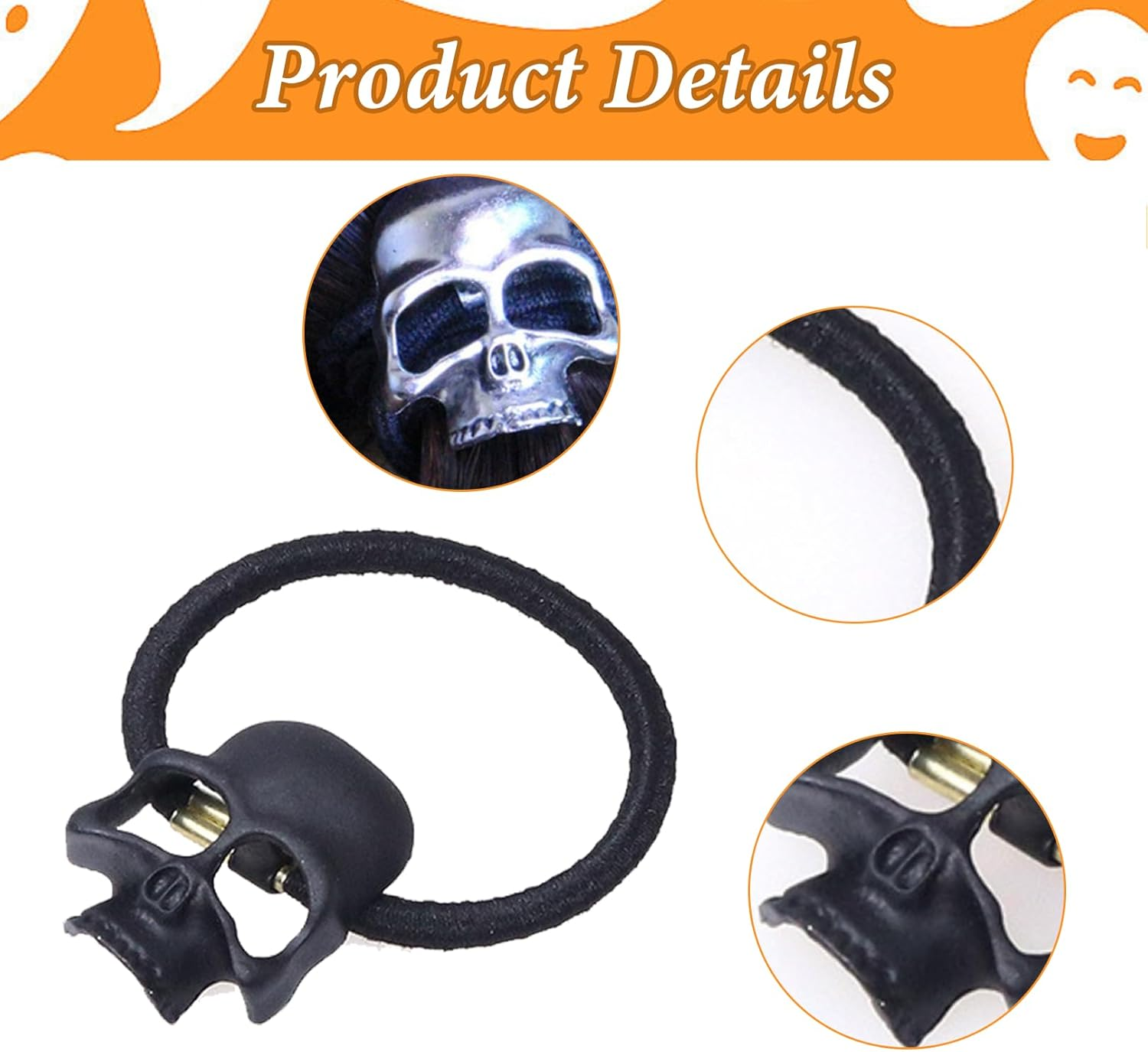 Halloween Skull Hair Ties for Thin Thick Hair,4Pcs Metal Skull Black Hair Elastics Scrunchies No Damage Hair Ropes Ponytail Holders Gothic Halloween Hair Accessories for Womens Girls Cosplay Costume image number 3