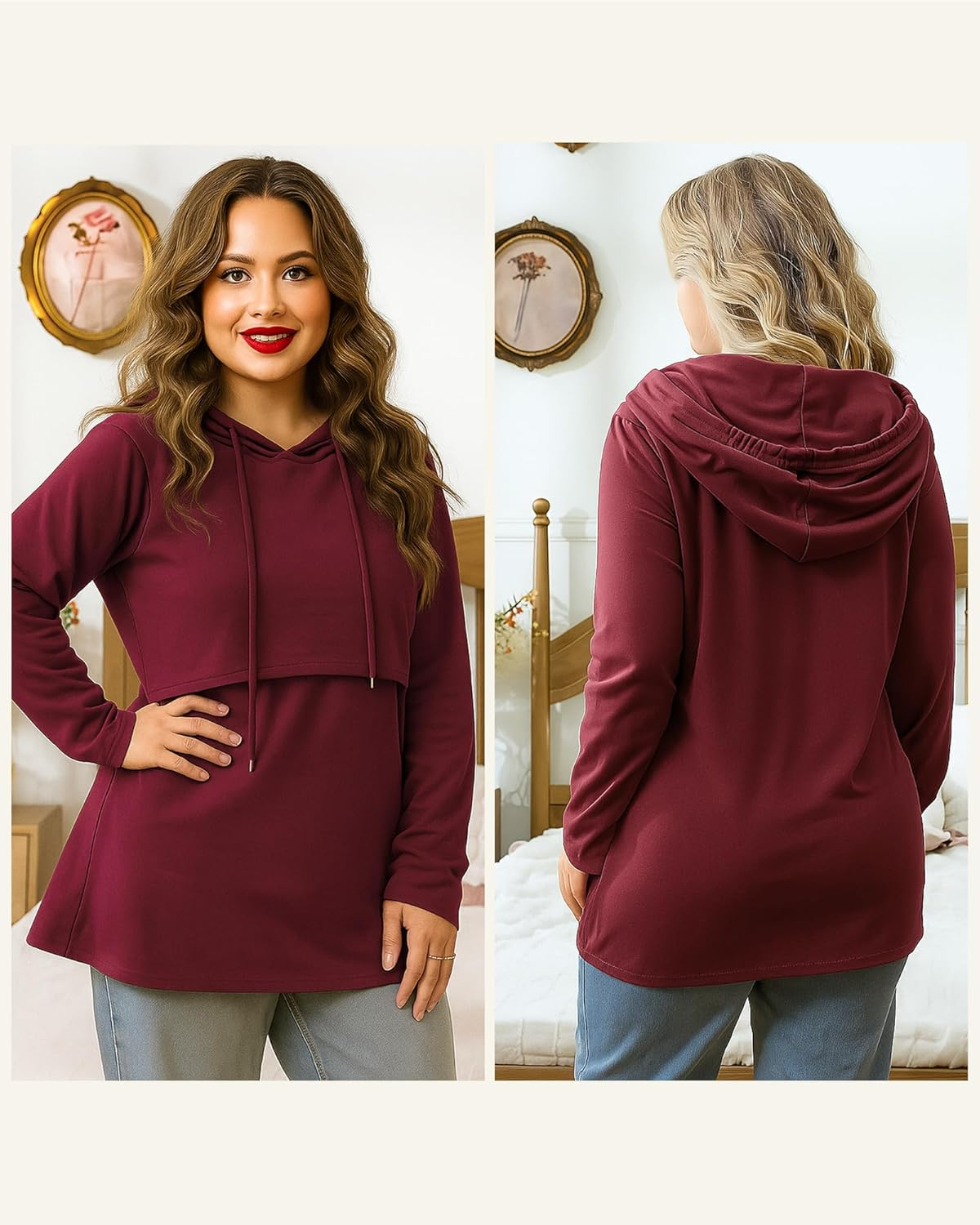 2 Pcs Women Nursing Hoodie Tops Long Sleeves Breastfeeding Maternity Sweatshirt Casual Clothes image number 2