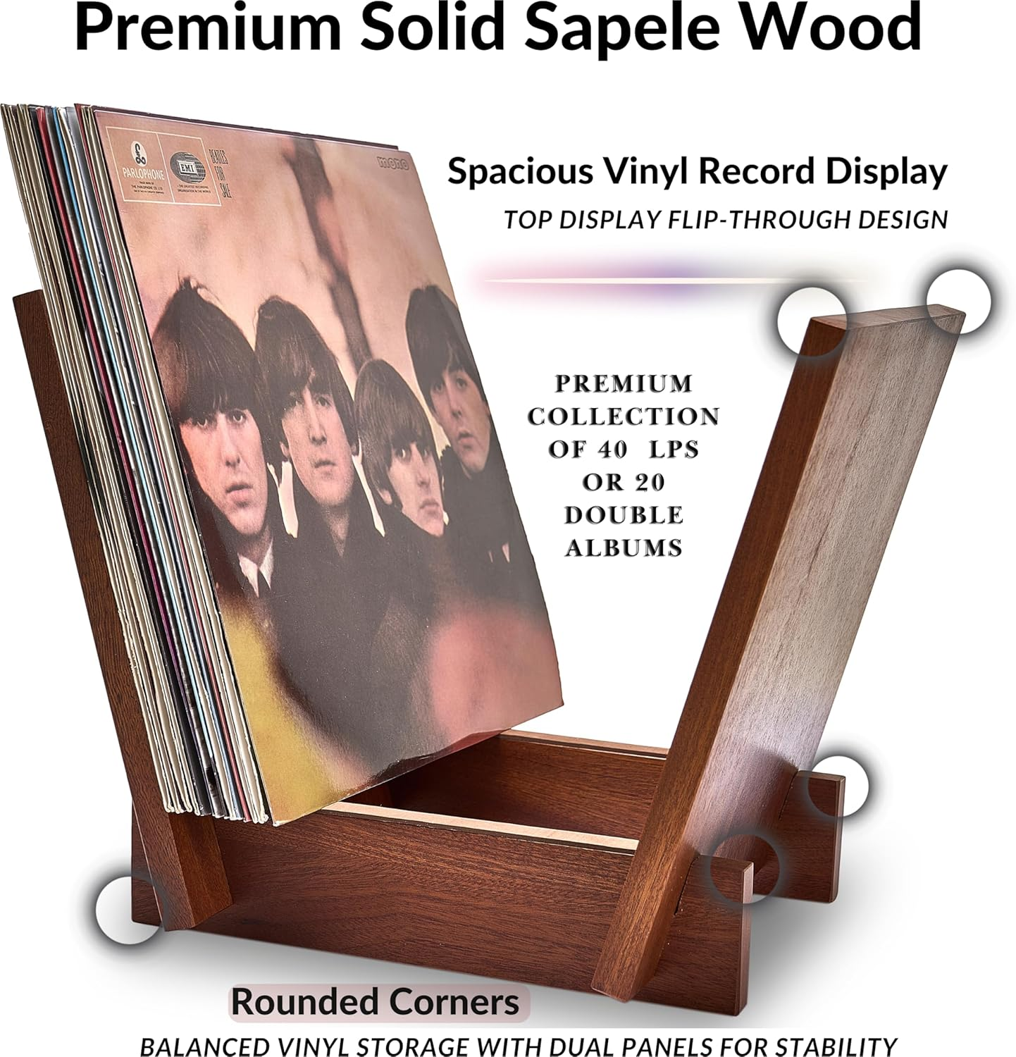 Honygebia Solid Wood Record Holder - Sapele Wooden Vinyl Record Stand, V-Shaped Album Rack for Display and Storage, Ideal for Storing Collection of 40 Premium Lps image number 3