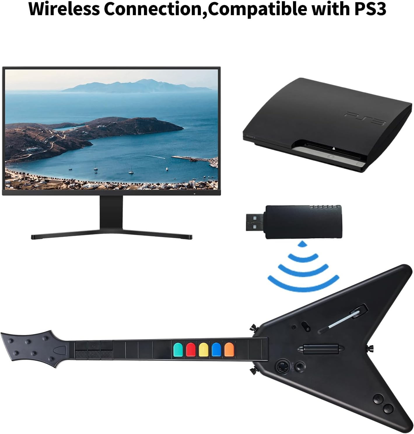 NBCP Wireless Guitar Controller for Playstation 4, Pc,Ps4/Ps3,Clone Hero,  Festival,Compatible with Guitar Hero & Rock,Plug-And-Play USB Receiver image number 2