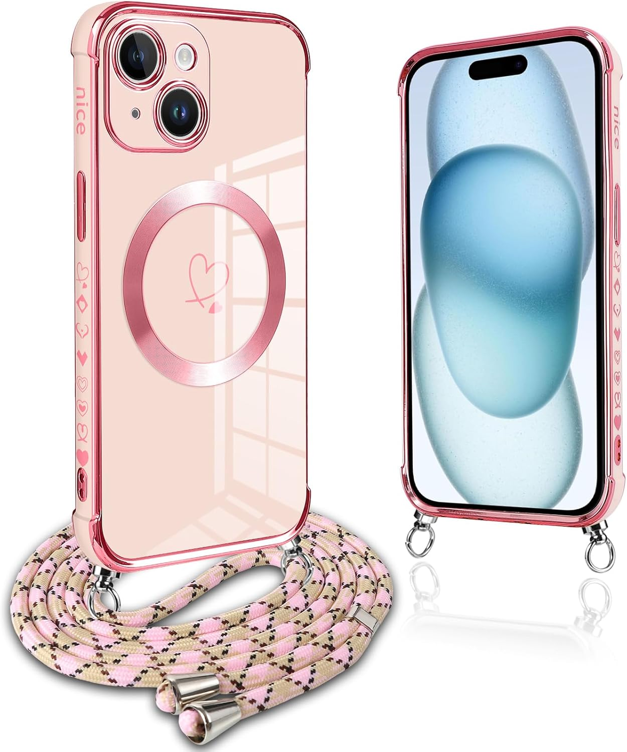 Pnakqil Mobile Phone Chain for Iphone 13 Pro Max Case with Strap, Compatible with Magsafe, Mobile Phone Case Ultra Thin Silicone Magnetic with Heart Love Pattern Protective Case with Cord for Iphone 13Pro Max 6.7 Inches, Pink