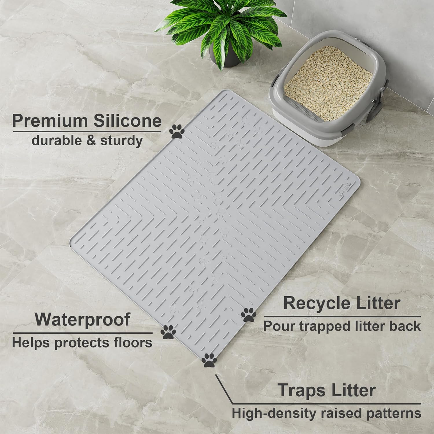 OHMO Cat Litter Mat Large Trapping Mat Premium Silicone Rubber 31.5X23.6" Ash, Waterproof and BPA Free Kitty Litter Box Mat, Easy to Clean and Keeps the Floor Tidy image number 6