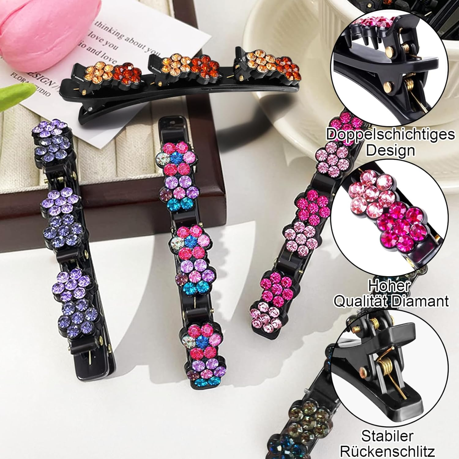 Hair Clip with Crystal Flower, Pack of 10 Hair Clips, Women'S Hummingbird Hair Clip, Hair Clip with 3 Clips, Double Layer Hair Clip, Braided Hair Clips, Elegant Hair Styling Clips for Women and Girls image number 2