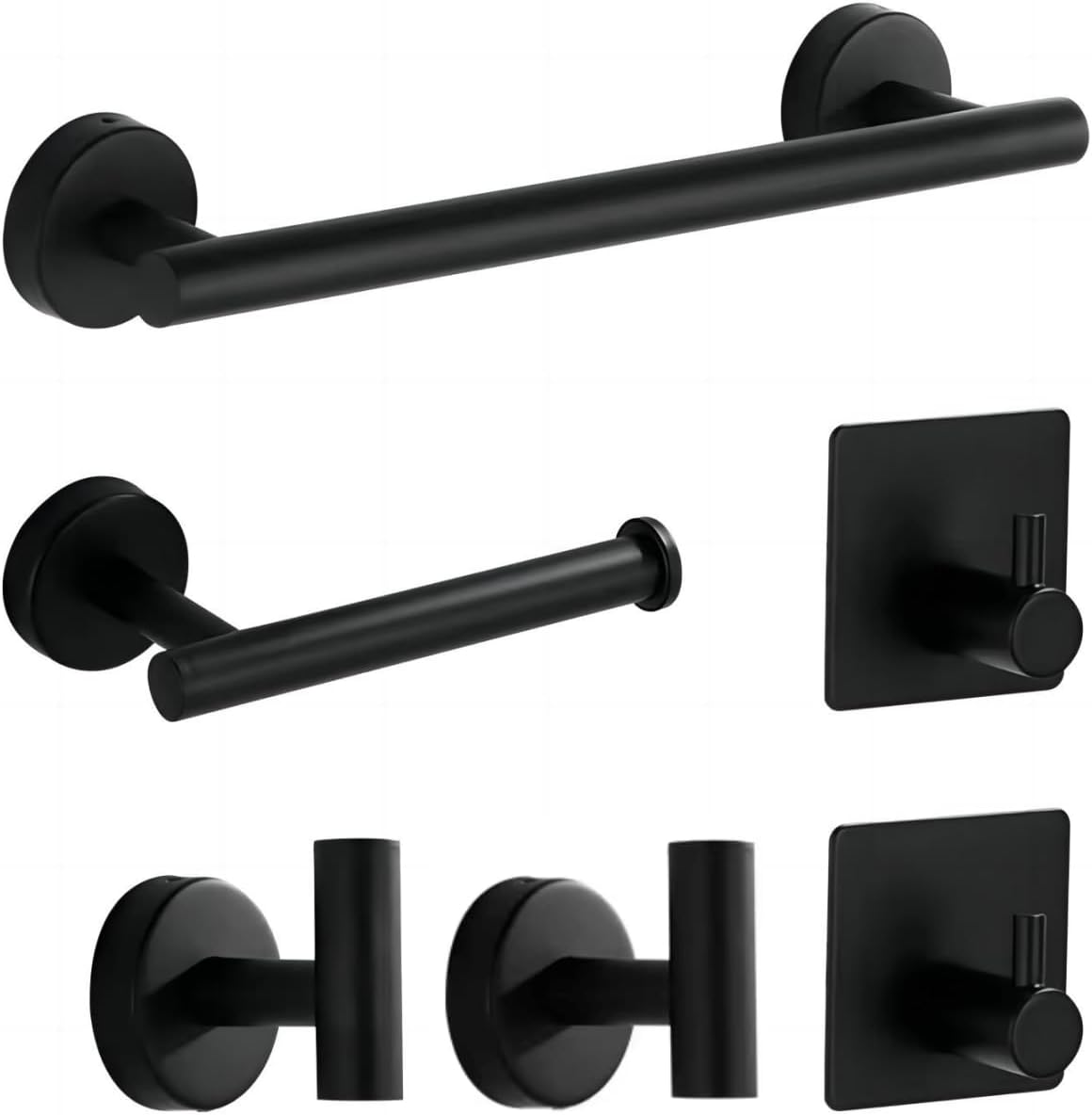 Bathroom Hardware Set 6-Piece - Towel Bar Toilet Paper Holder Wall Mounted 2 Towel Hooks 2 Adhesive Hooks - Stainless Steel Bathroom Accessories（Black） image number 4