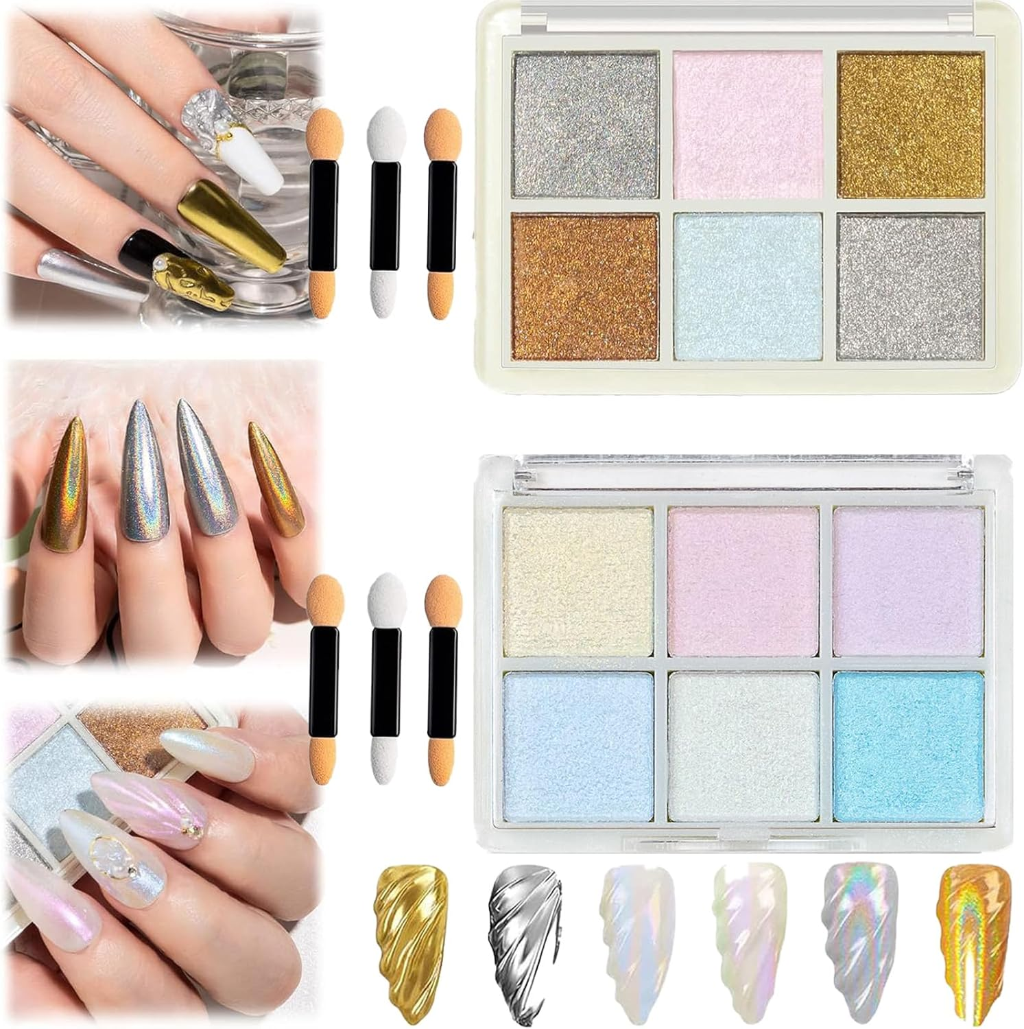 Chrome Nail Powder &ndash; Gold & Silver Iridescent Pearl Chrome Powder, Holographic Mermaid Glitter Pigment for Nails, Aurora Mirror Effect(2 Set12 Colors) image number 3