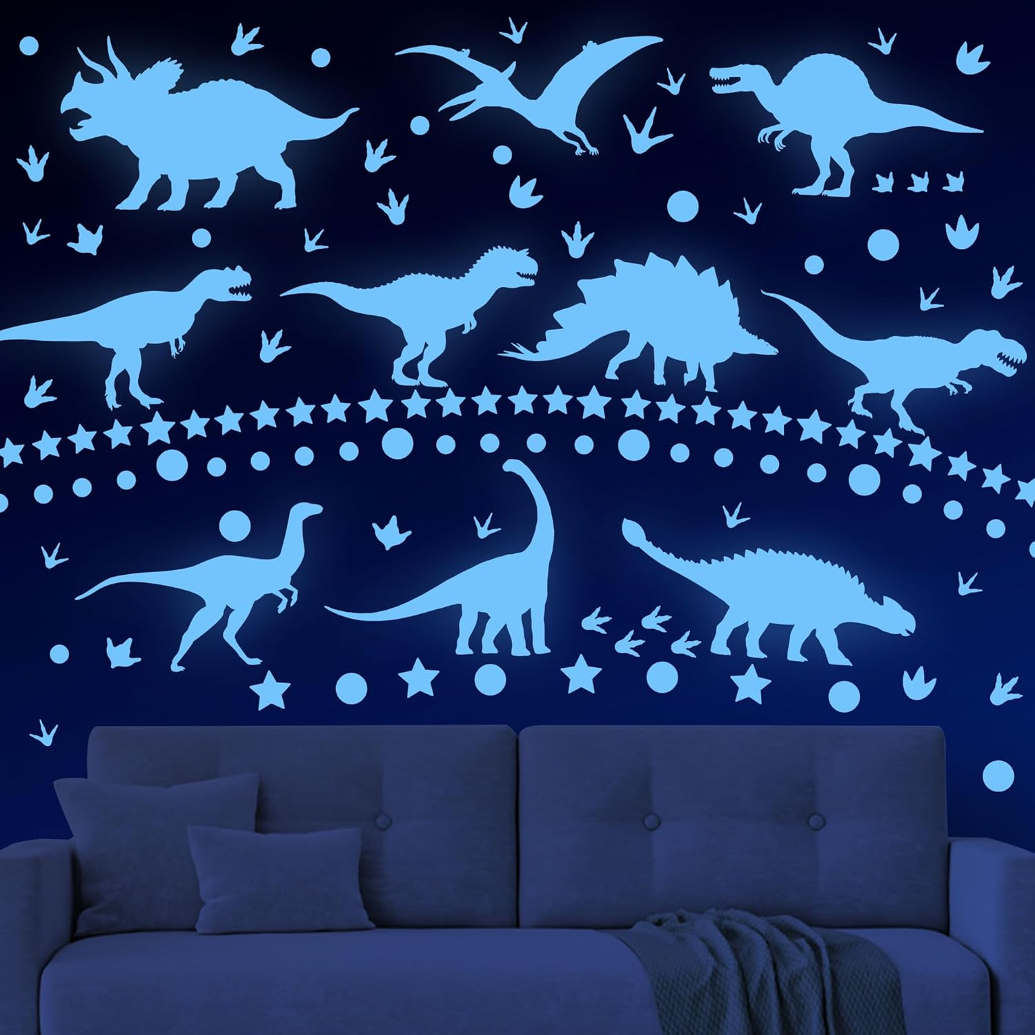 Glow in the Dark Stars Dinosaur Wall Decals Glowing Dinosaur Wall Stickers Luminous Dino Wall Decals Glow in the Dark Stars for Ceiling Boys Girls Bedroom Living Room Wall Decoration image number 4