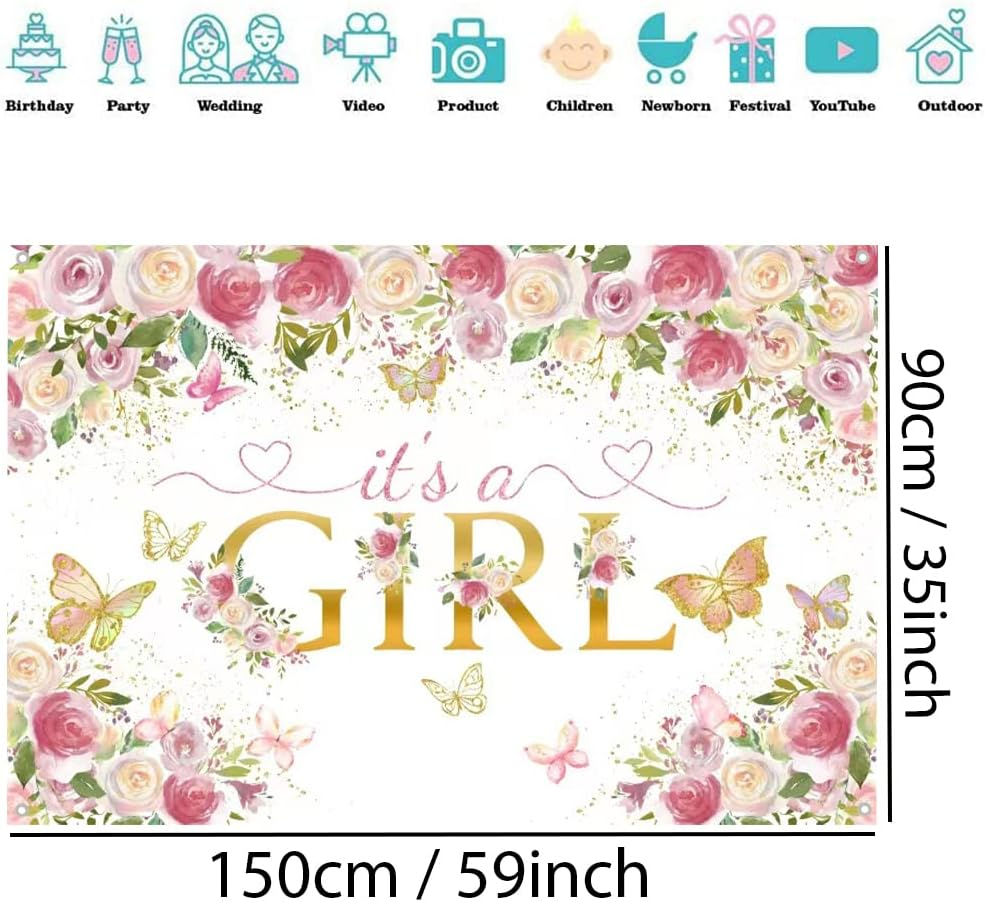 Tecreo It'S a Girl Baby Shower Banner with Flowers, Pink, Vinyl, 150 Cm X 90 Cm, 1 X Banner with 4 Eyelets, Gender Reveal / Baby Shower image number 2