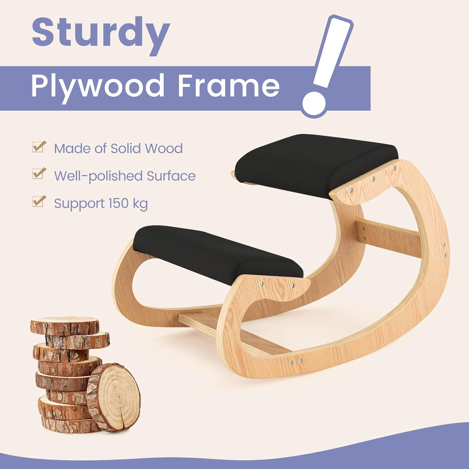 Costway Ergonomic Kneeling Chair, Wooden Rocking Chair with Comfortable Padded Seat Cushion & Knee Support, Upright Posture Support Chair for Back Pain Relief (Type A, Black) - Black image number 6