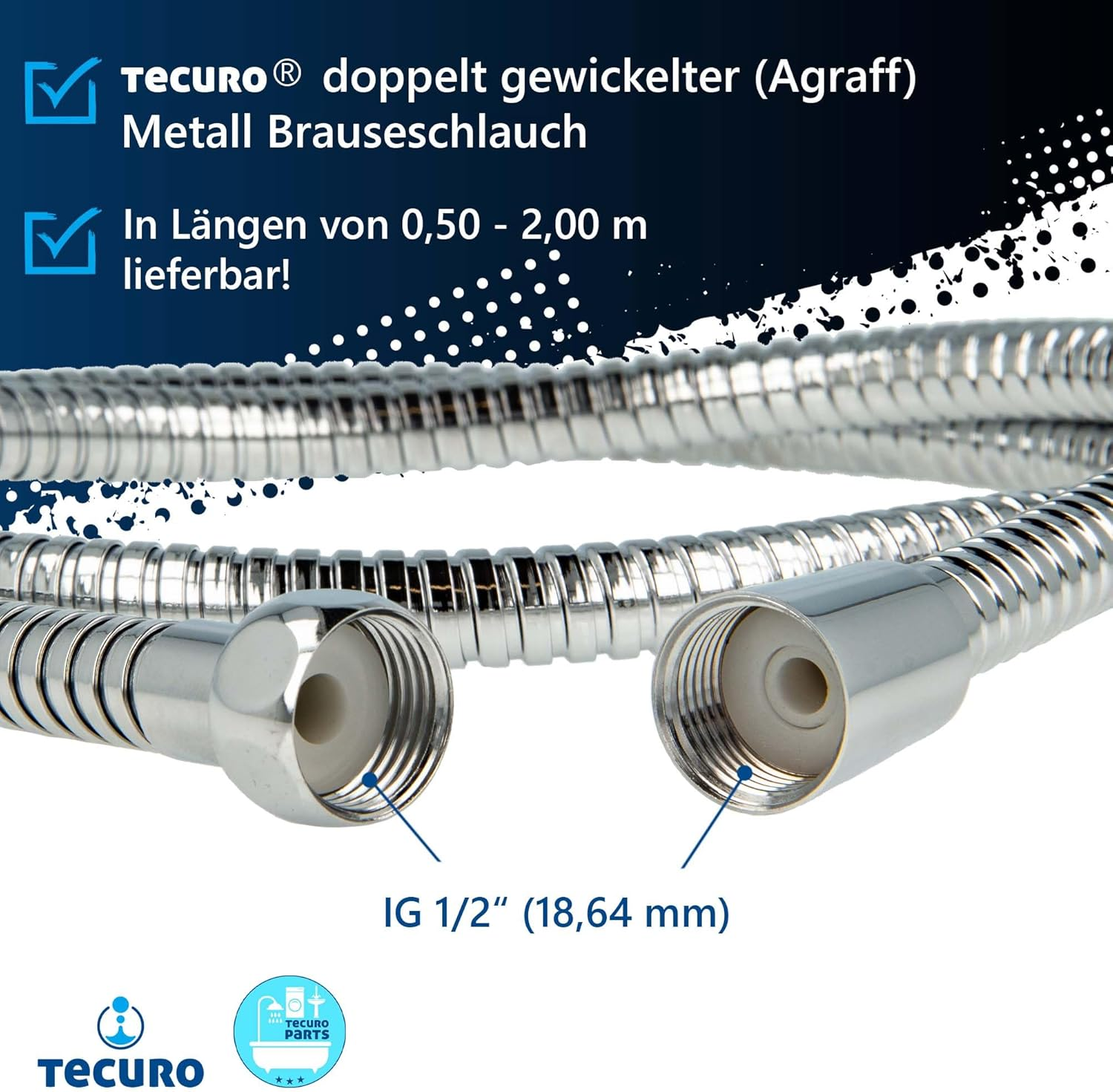 Tecuro Metal Agraff Shower Hose 1.00 M Double Wound High Gloss Chrome Finish image number 1