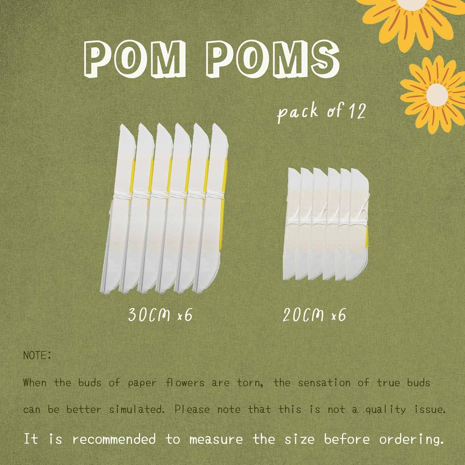 12Pcs Daisy Tissue Paper Pom Poms Flower 12" 8" for White Yellow Flowers Themed Birthday Party Sunshine Wall Hanging Baby Shower Bridal Country Wedding Party Iwlorys image number 1