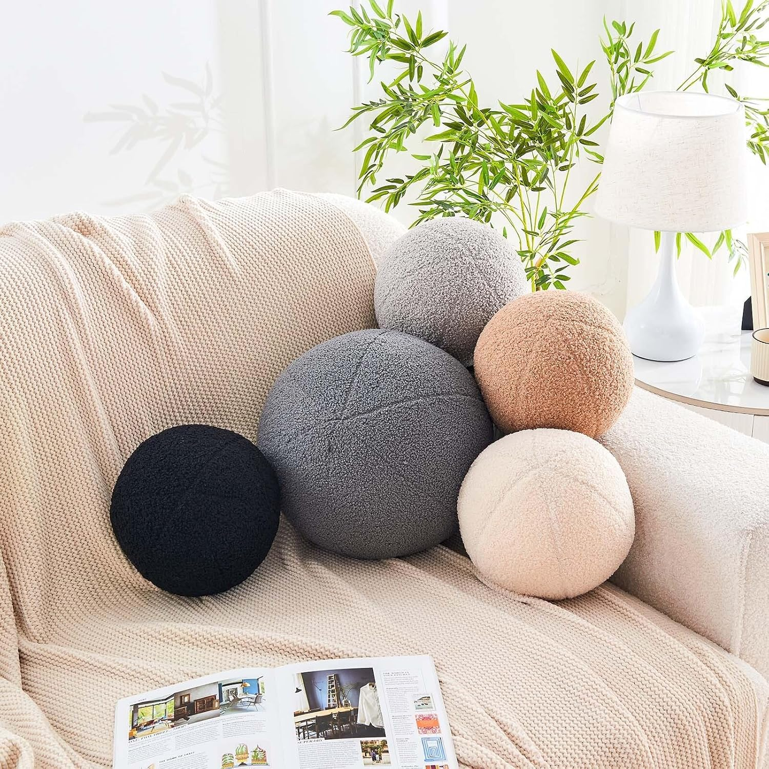 Uvvyui Beige Sphere Boucle Plush Pillow Cushion, Soft Decorative Throw Pillow, 11.8 Inch Sphere Pillow for Couch, Sofa, Bedroom image number 5