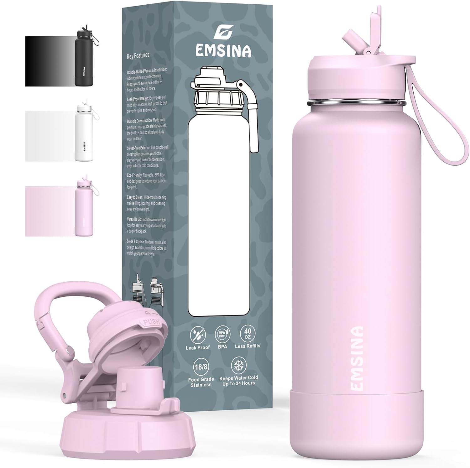 Emsina 1 Pack Insulated Water Bottle with Straw,24Oz/710Ml Stainless Steel Drinking Bottle,Leakproof Travel Cup with 2 Lids (Straw & Locking Chug Lid),Bpa-Free Sports Flask,Pink