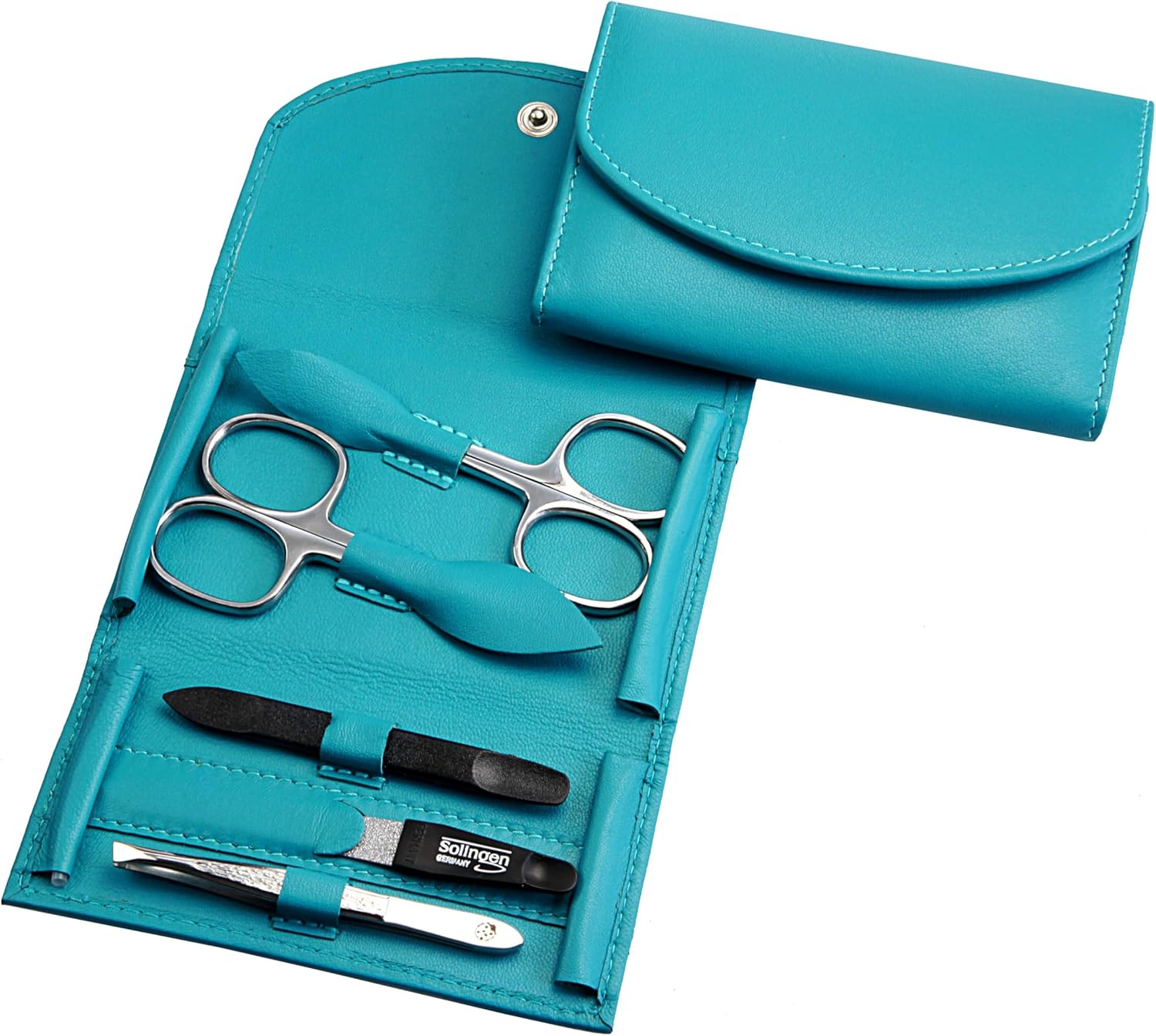 Manicure Set - 5-Piece Nail Care Set - Genuine Nappa Lambskin Leather - Nail Scissors, Cuticle Scissors, Nail File, Tweezers and Double Instrument (Turquoise)