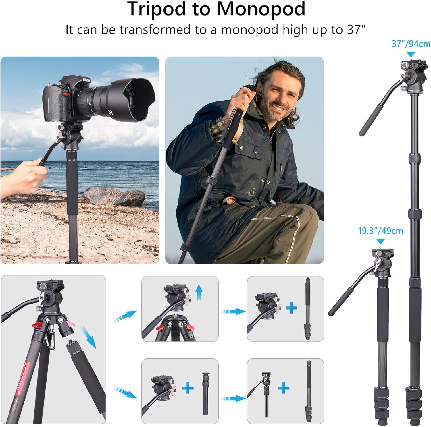 69.7" Lightweight Compact Carbon Fiber Tripod W/Detachable Monopod Video Head，Carbon Fiber Tripod, Lever Lock Professional Heavy Duty Camera Tripod Head image number 6