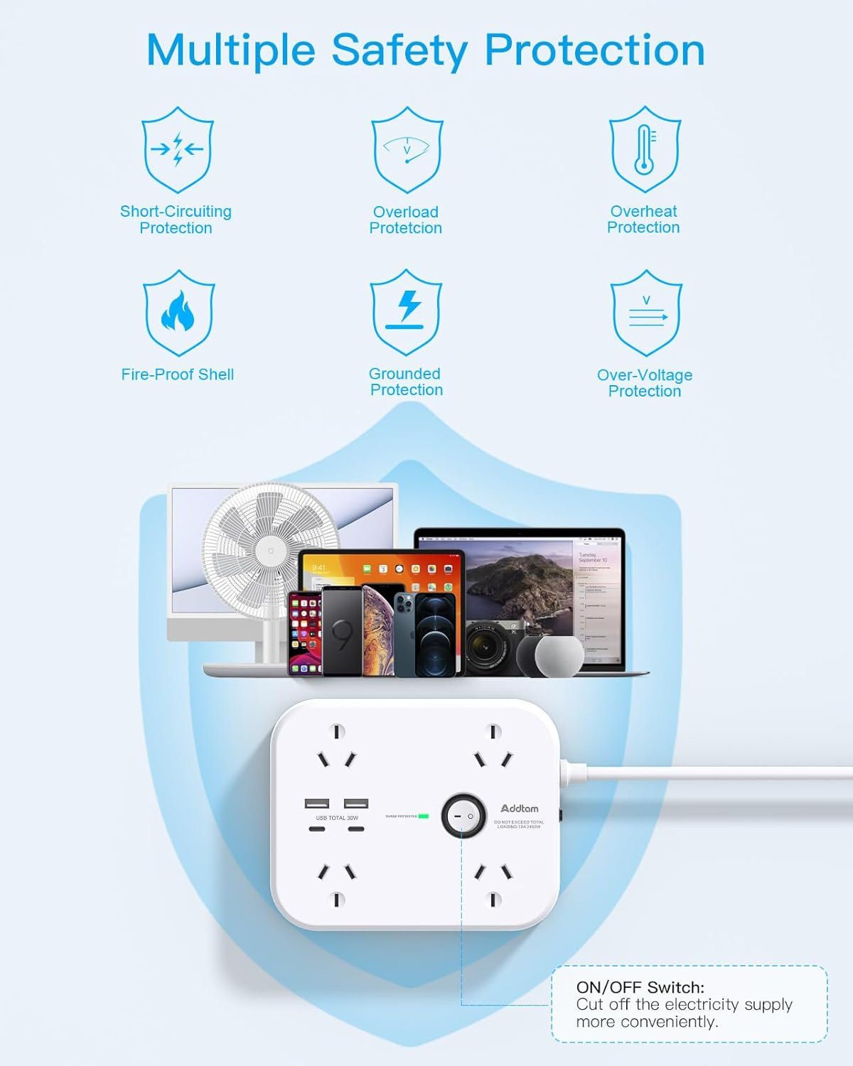 Addtam PD30W Power Board Surge Protected, Desk Powerboard with 4 AC Outlets and 4 USB Ports(2 USB C), 1.8M Extension Cord Power Strip for Home Office Travel Essentials image number 3