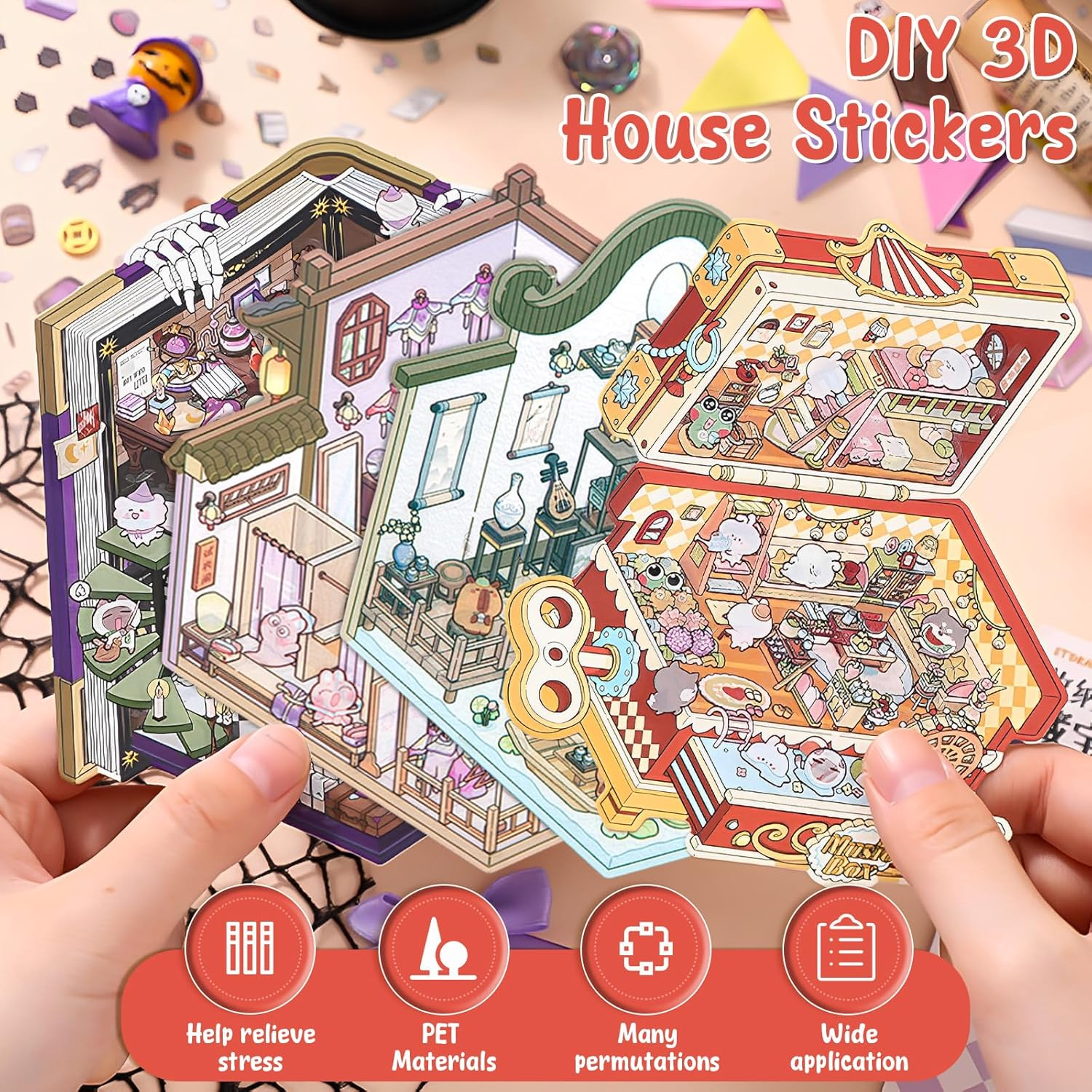 8 Set DIY 3D House Scene Stickers, 2025 New Fun DIY 3D Sticker Scene Make Your Own Mini Room, Cute Cartoon Miniature Scene Sticker Set, 3D House Stickers Quiet Book for Adults Kids Gift image number 2