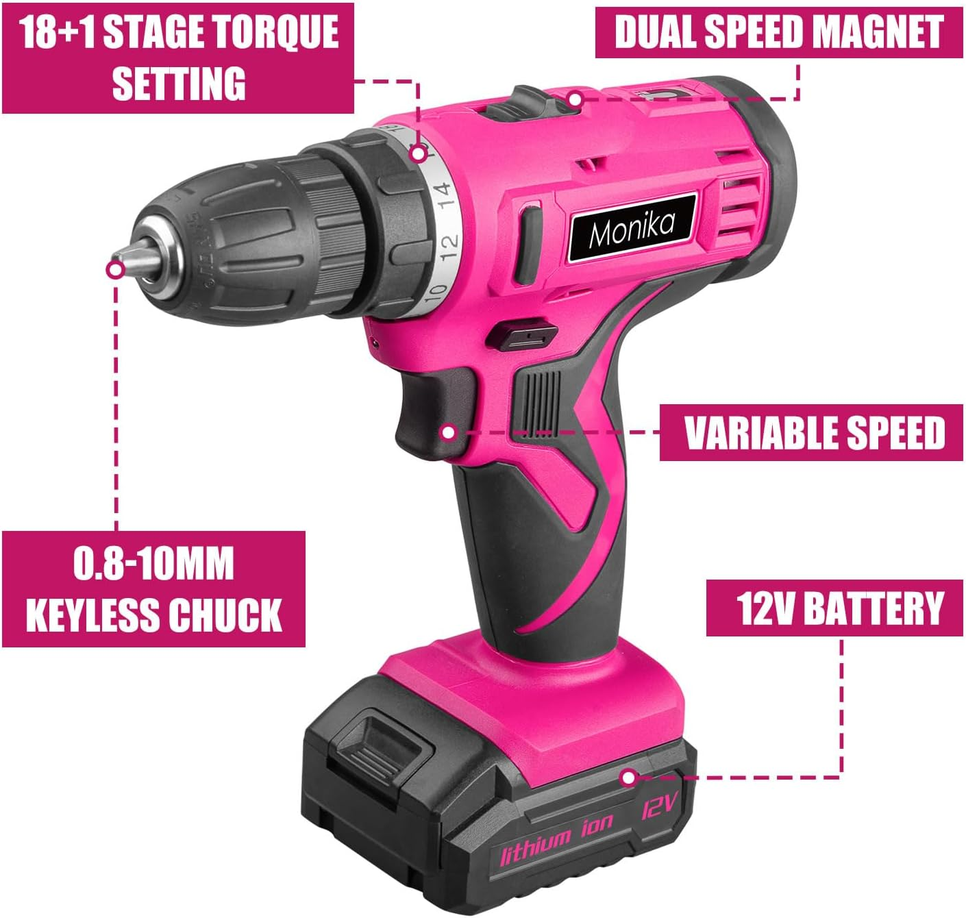 Monika 12V Pink Lithium Cordless Drill Bit Set Kits Screw Bits Sockets 18+1 Torque Setting, LED Light, Electric Power Drill Driver for Home, Office DIY and Wall Drilling, Wood, Metal W/Battery image number 6