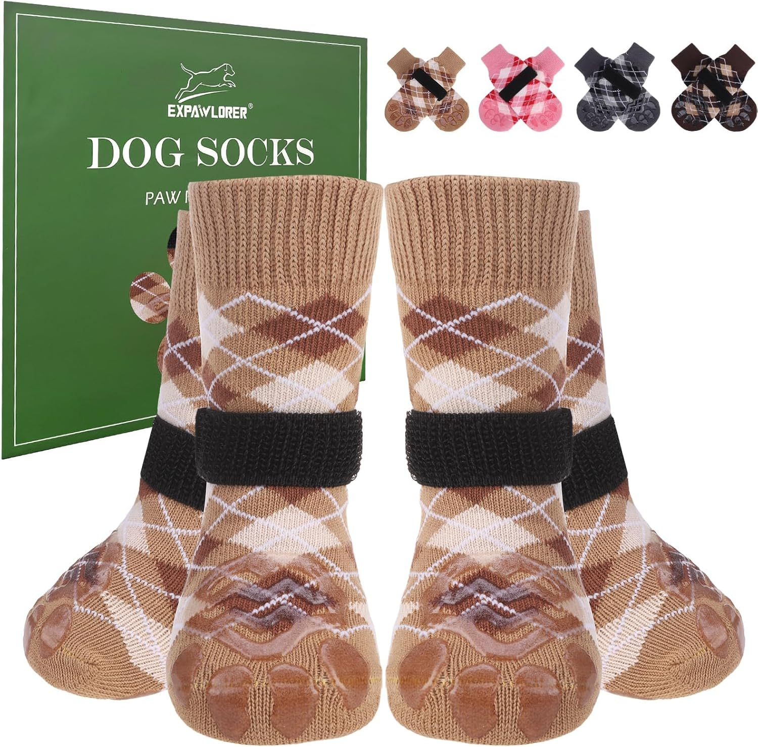 EXPAWLORER Dog Socks to Prevent Licking Paws,4 Pcs Double Sided anti Slip Dog Socks with Grippers for Hardwood Floors,Dog Shoes Booties for Small Medium Large Senior Dogs,British Style,Brown XL